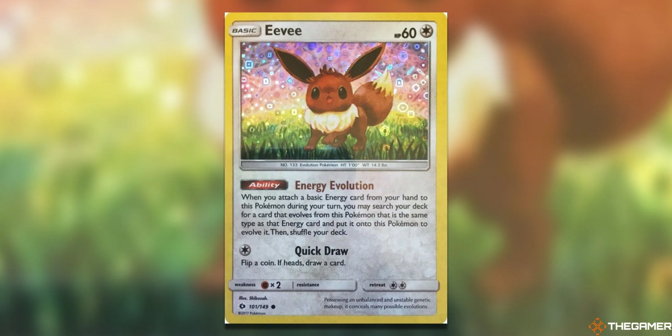 Thẻ bài Eevee 101/149 General Mills với hiệu ứng holo độc đáo ở phần nền bầu trời.