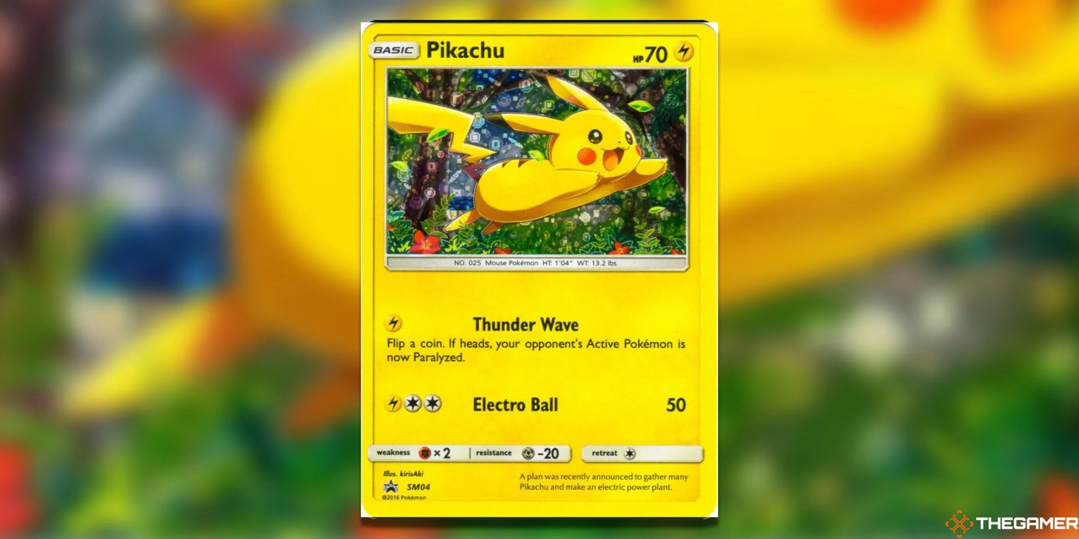 Thẻ bài Pikachu SM04 General Mills với hình ảnh Pikachu đang nhảy múa vui vẻ giữa những bông hoa.