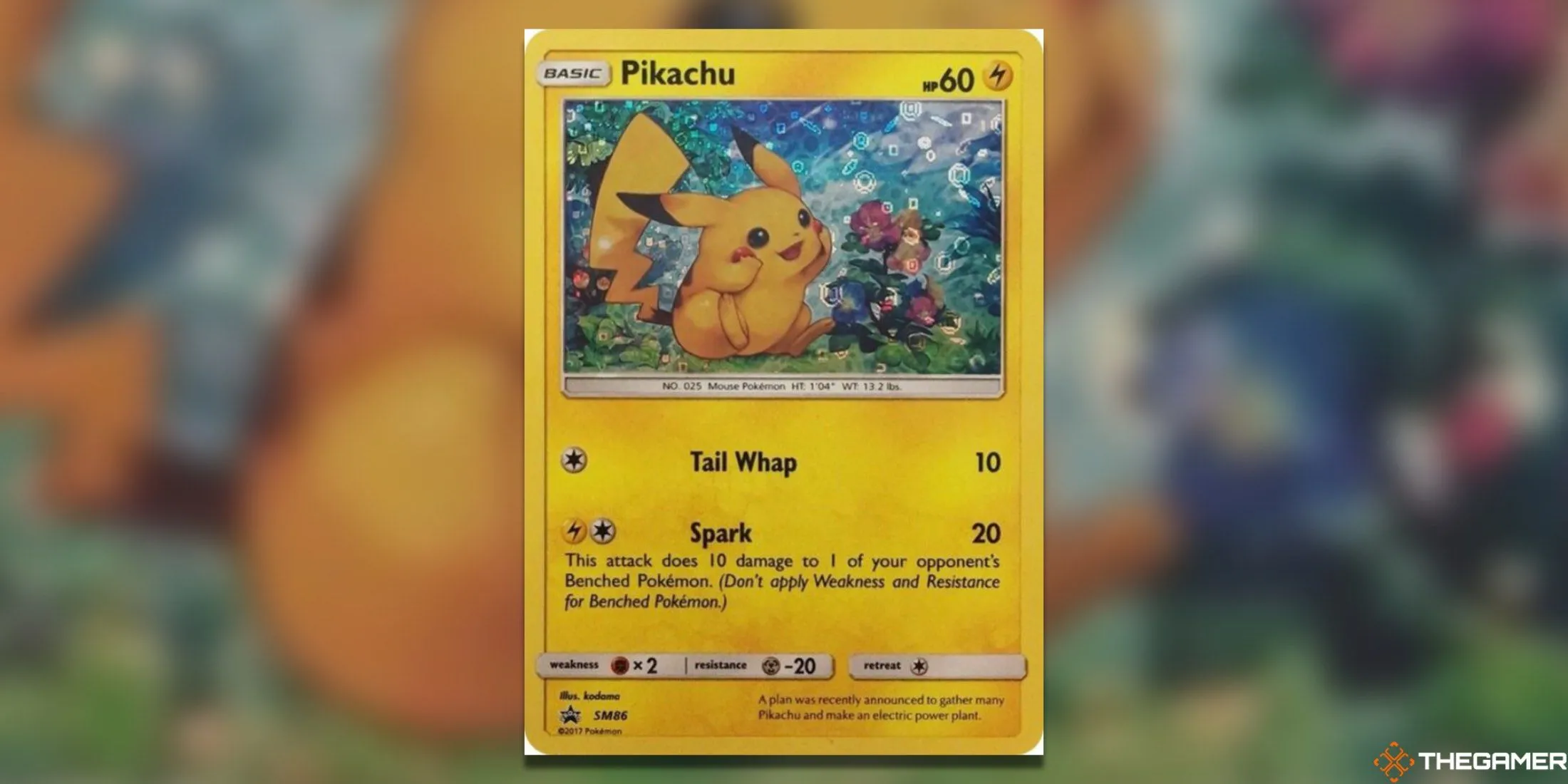 Thẻ bài Pikachu SM86 General Mills phiên bản Sun &amp; Moon, hình ảnh Pikachu tò mò và hạnh phúc khi ngắm hoa.