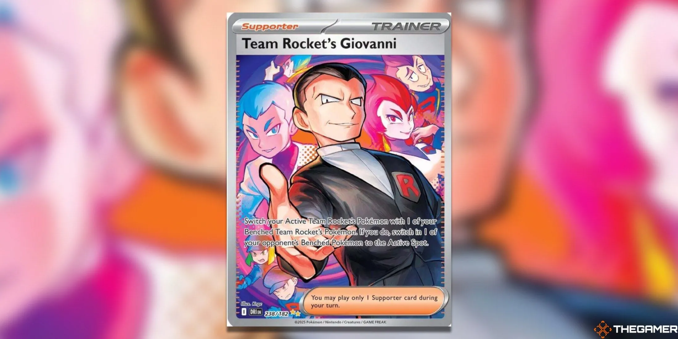 Thẻ bài Pokemon TCG Team Rocket's Giovanni Special Illustration Rare với Archer và Ariana