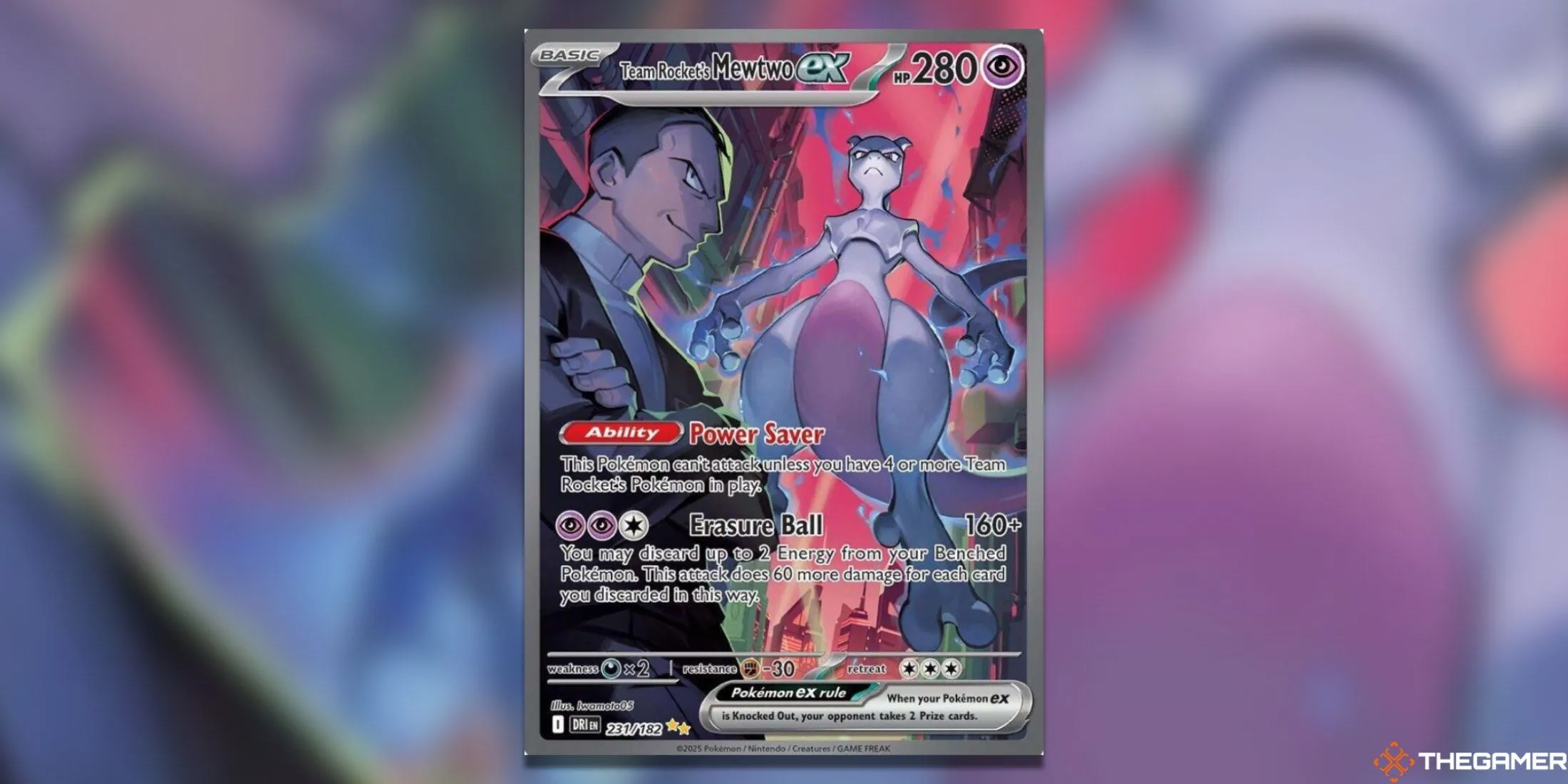 Thẻ bài Pokemon TCG Team Rocket's Mewtwo ex Special Illustration Rare với Giovanni và Mewtwo