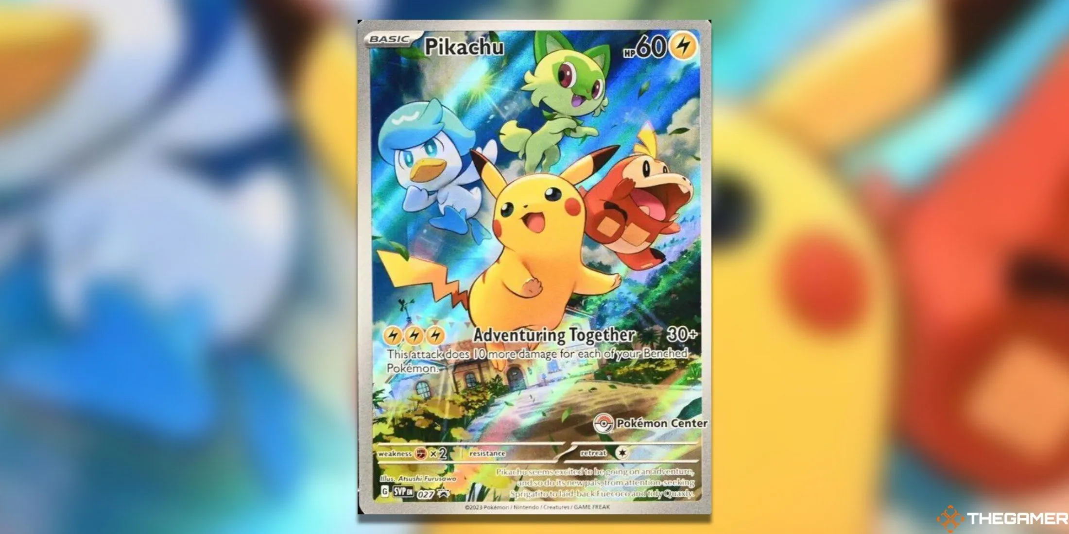 Thẻ promo Pikachu độc quyền Pokemon Center từ set Scarlet &amp; Violet, xuất hiện cùng các Pokemon đáng yêu vùng Paldea.