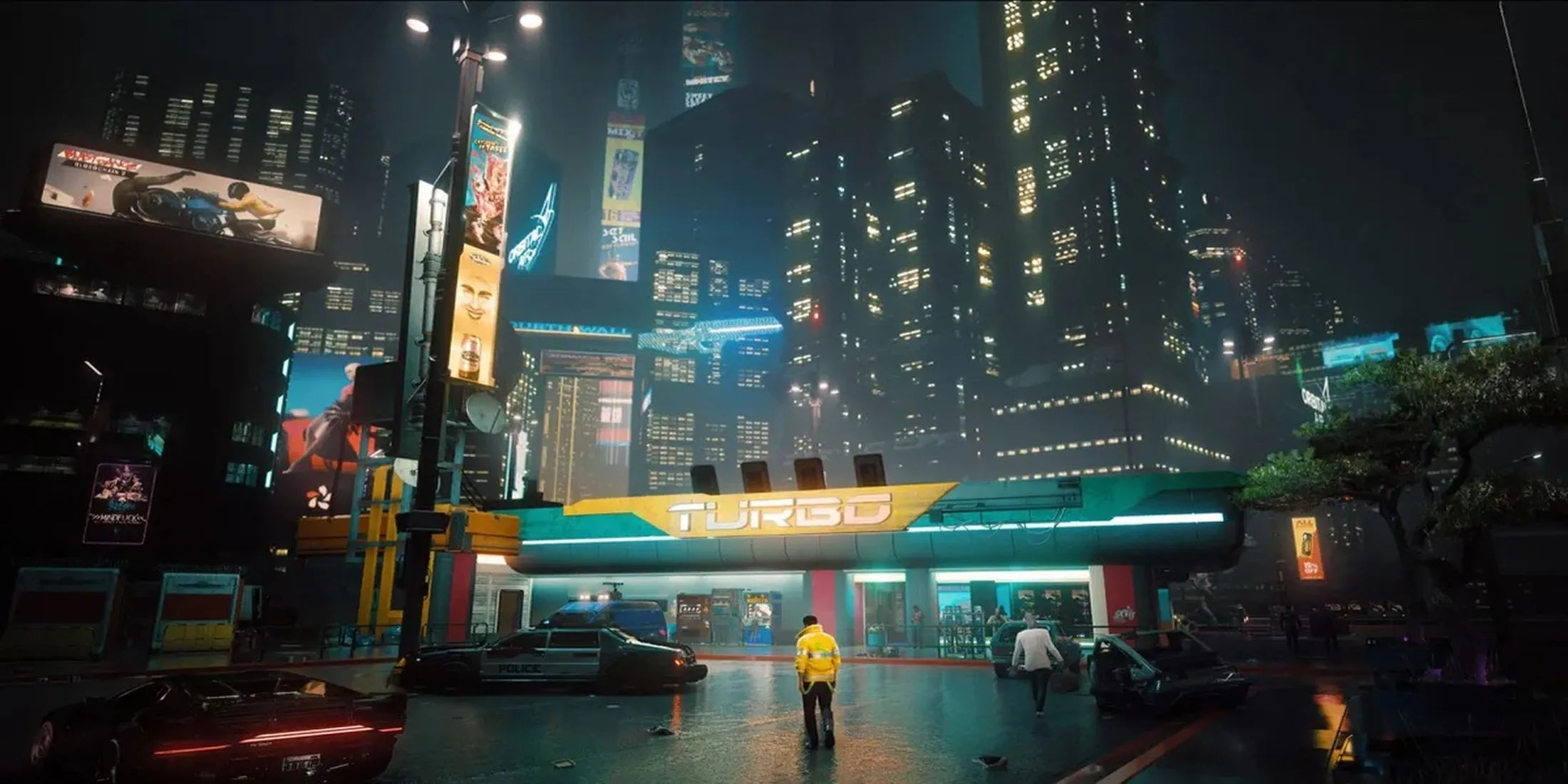Toàn cảnh Night City về đêm trong Cyberpunk 2077, một đô thị cyberpunk đầy rẫy tội phạm và công nghệ tiên tiến