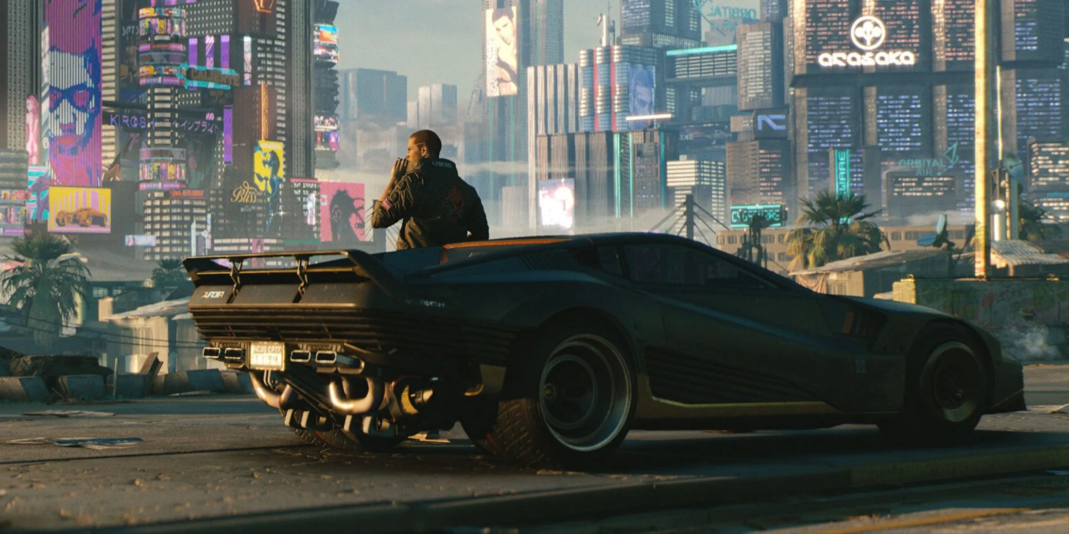 V lái xe trên đường phố Night City trong Cyberpunk 2077, minh họa trải nghiệm tự do khám phá thế giới mở