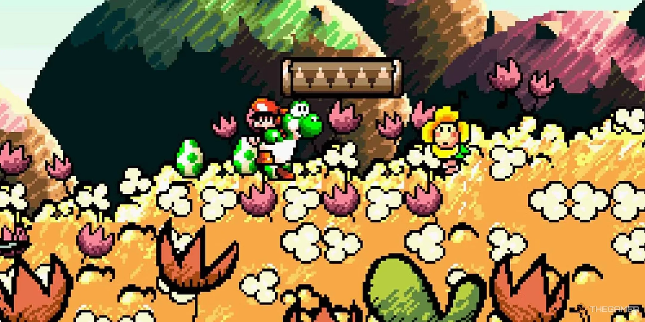 Yoshi và Baby Mario trong thế giới đầy màu sắc của Yoshi's Island SNES