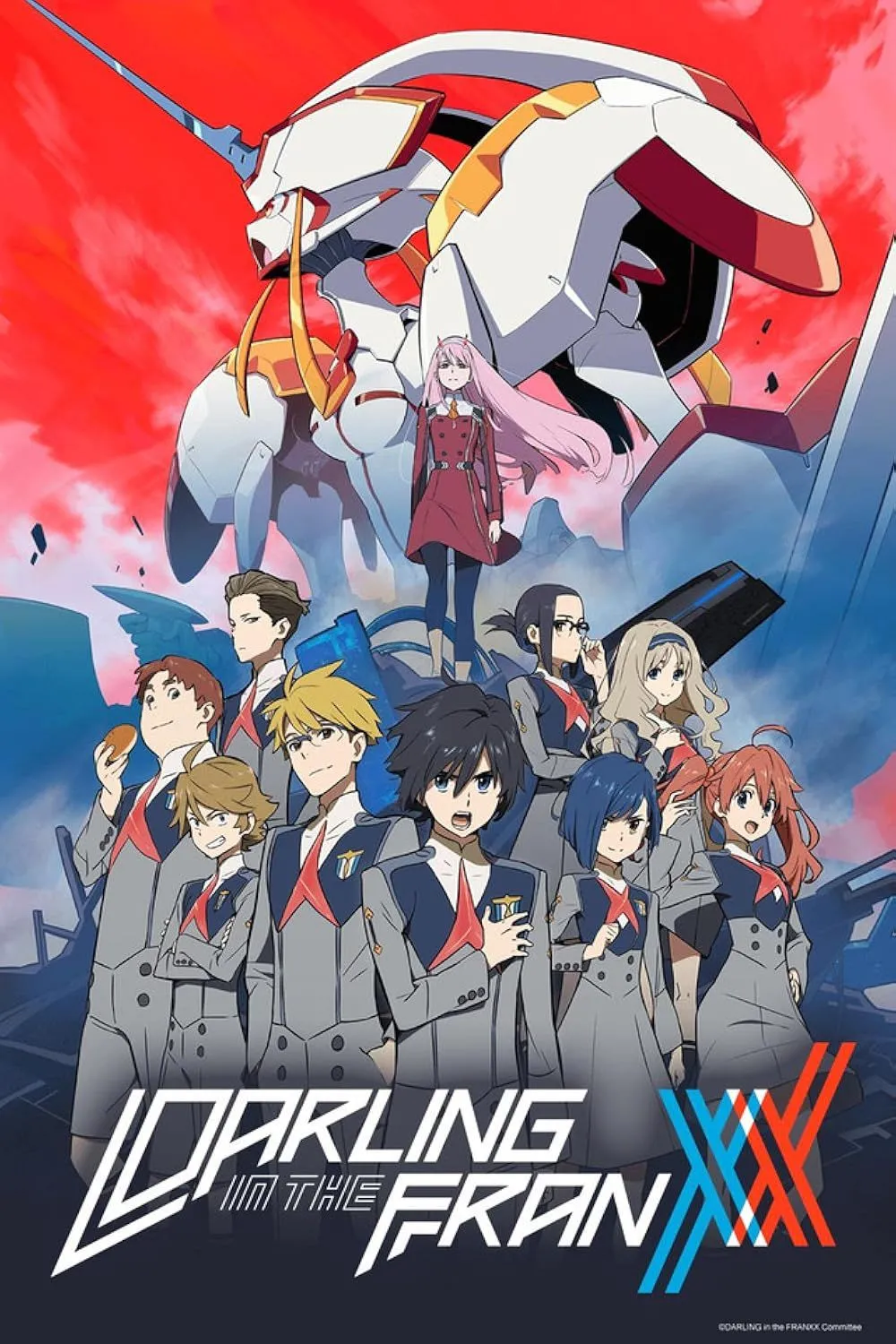 Zero Two và Hiro cùng robot Franxx của họ, biểu tượng của Darling in the Franxx.