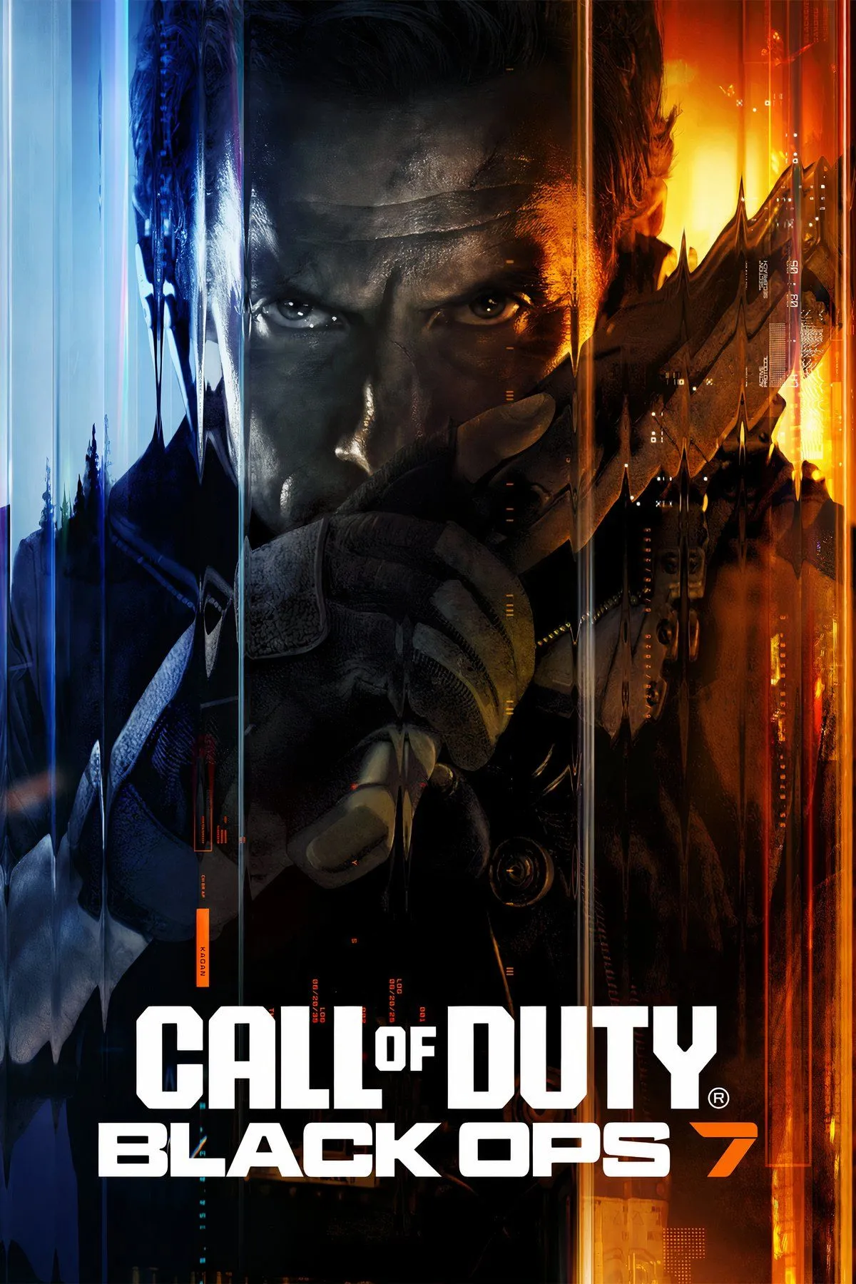 Ảnh bìa game Call of Duty: Black Ops 7 với hình ảnh một điệp viên trong trang phục tối màu, có ánh sáng xanh bao quanh, tạo cảm giác bí ẩn và hiện đại