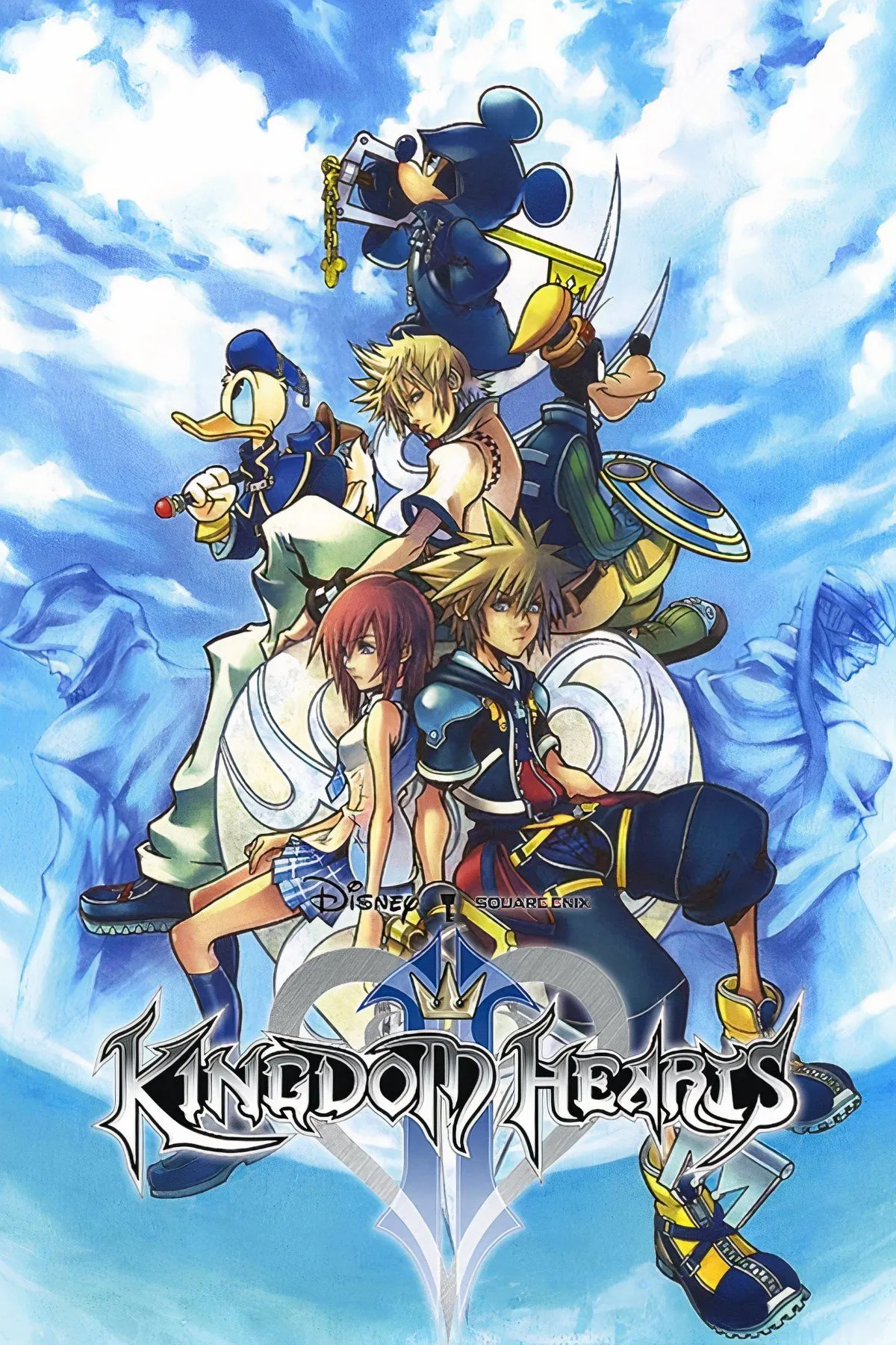 Ảnh bìa tổng hợp nghệ thuật của Kingdom Hearts 2, tái hiện hành trình của Sora và những người bạn qua các thế giới Disney và Final Fantasy, biểu tượng của tựa game nhập vai kinh điển.