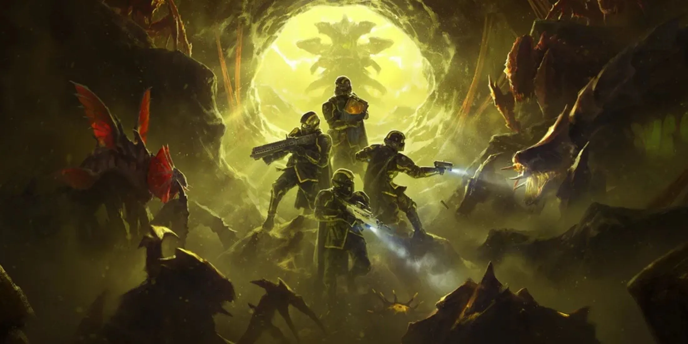 Bìa promo nghệ thuật của bản cập nhật Helldivers 2 Into the Unjust, với hình ảnh các Helldiver chiến đấu