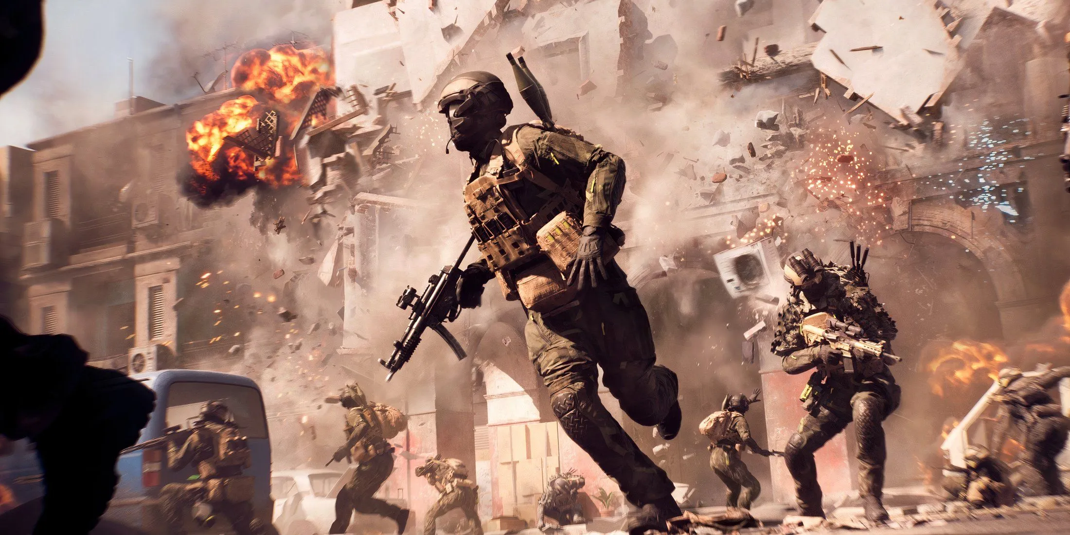 Bối cảnh hoàng hôn trên một bản đồ của Battlefield 6, thể hiện đồ họa và màu sắc ấn tượng của game