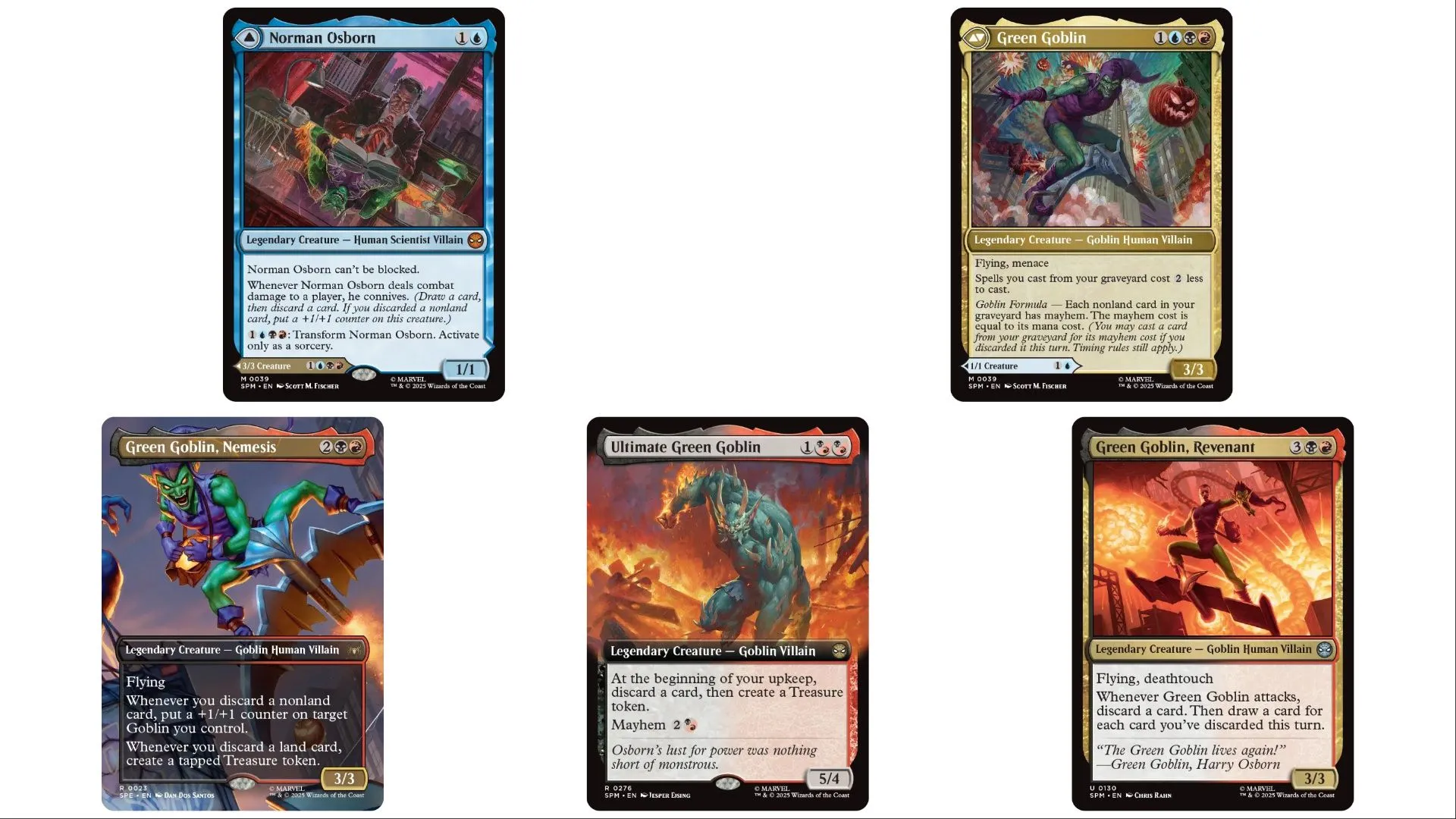 Các phiên bản thẻ bài Green Goblin khác nhau trong Magic The Gathering x Spider-Man.