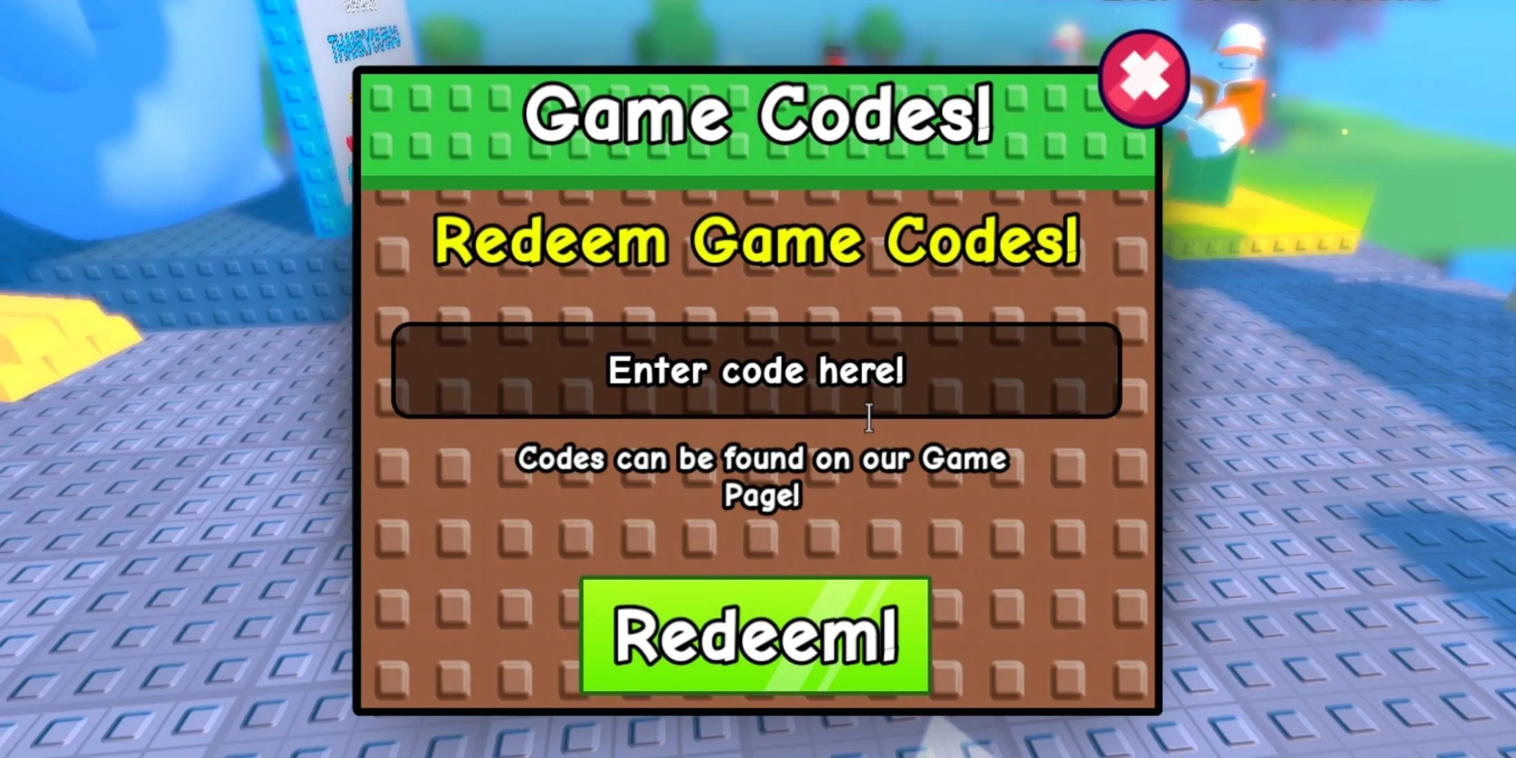 Giao diện nhập code của game Stick Battles trên nền tảng Roblox, với ô &quot;Enter Code&quot; và nút &quot;Redeem&quot;, hướng dẫn người chơi cách nhận phần thưởng.
