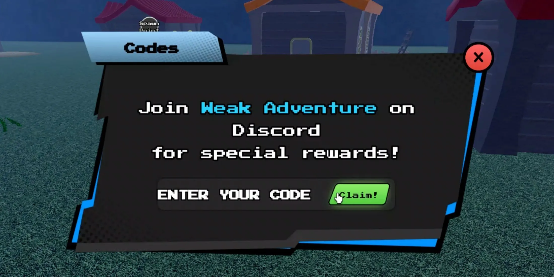 Giao diện nhập code trong Aether Adventure trên Roblox, hiển thị nút 'Claim' và ô điền mã