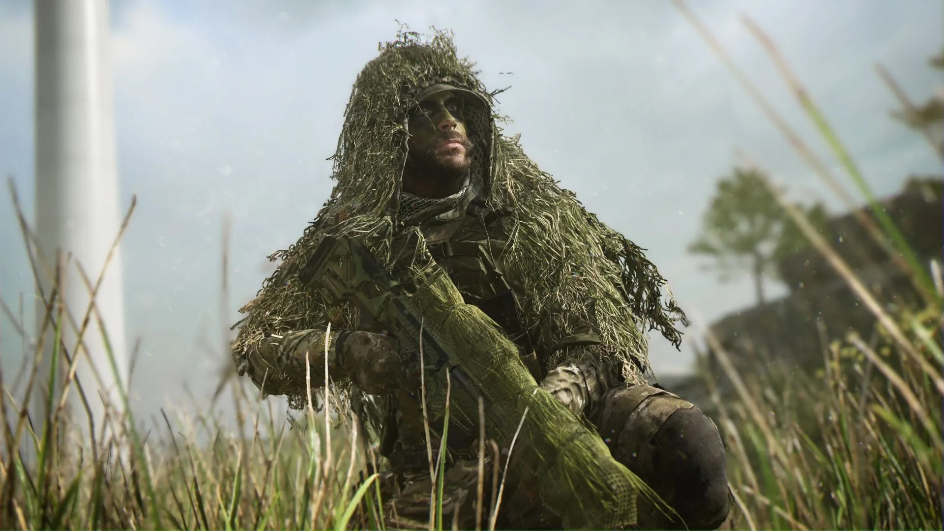 Hình ảnh một người lính Call of Duty đang ngắm bắn với biểu cảm quyết tâm, thể hiện sự căng thẳng và tập trung trong chiến đấu