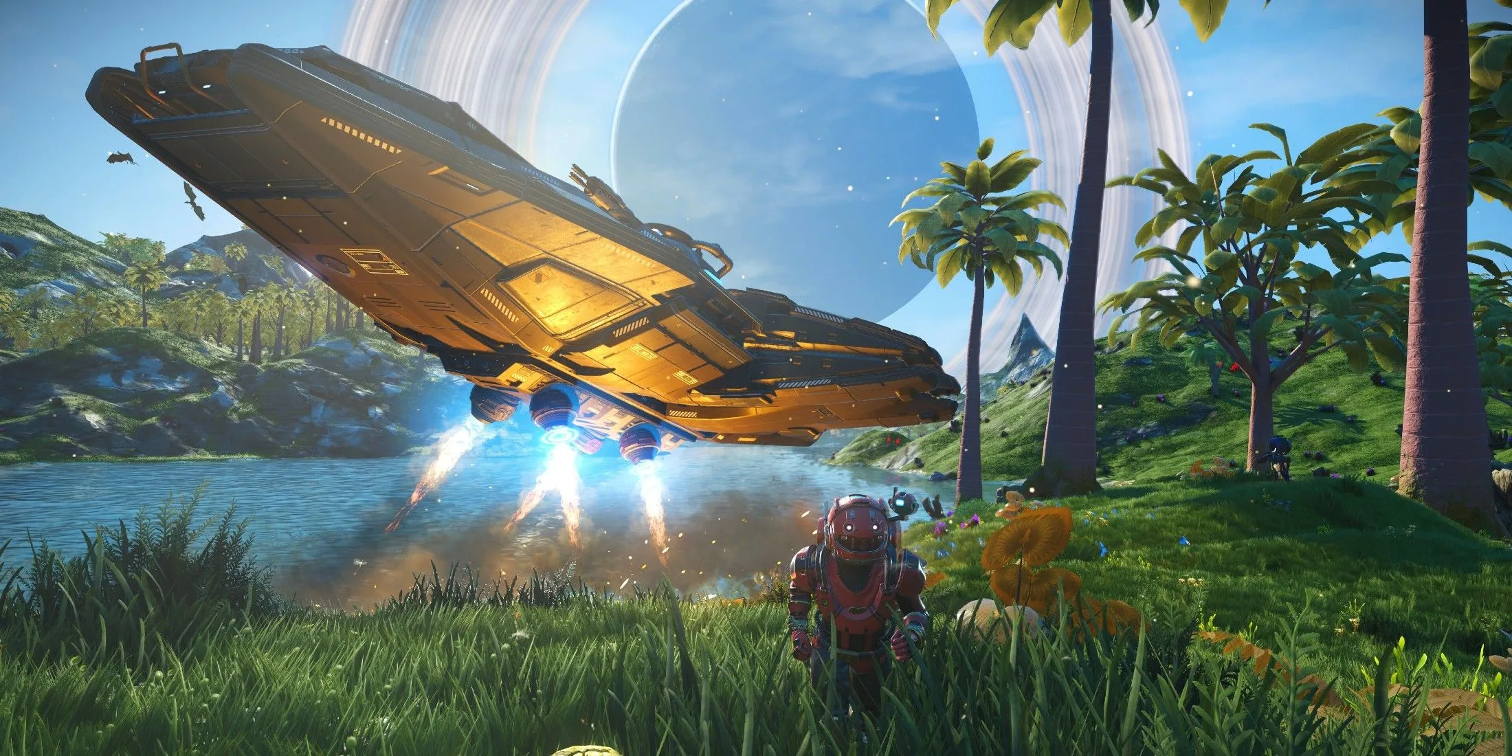 Phi thuyền của người chơi bay qua hành tinh xanh tươi trong No Man's Sky