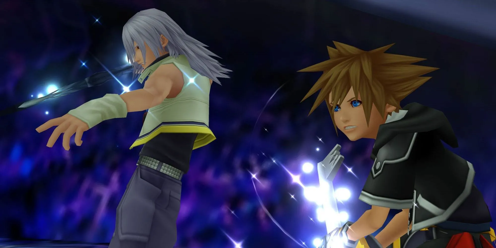 Riku và Sora đối đầu với Xemnas, trùm cuối hùng mạnh, trong một phân cảnh kịch tính của Kingdom Hearts 2, thể hiện đồ họa PlayStation 2 đỉnh cao.