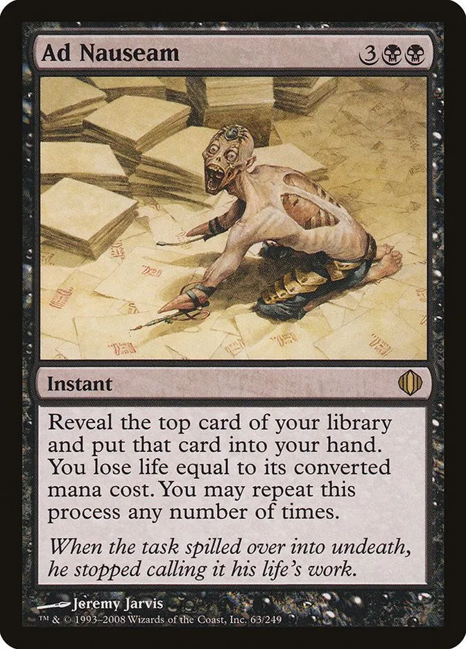 Thẻ Ad Nauseam trong Magic The Gathering, mô tả một sinh vật chịu đau đớn dữ dội