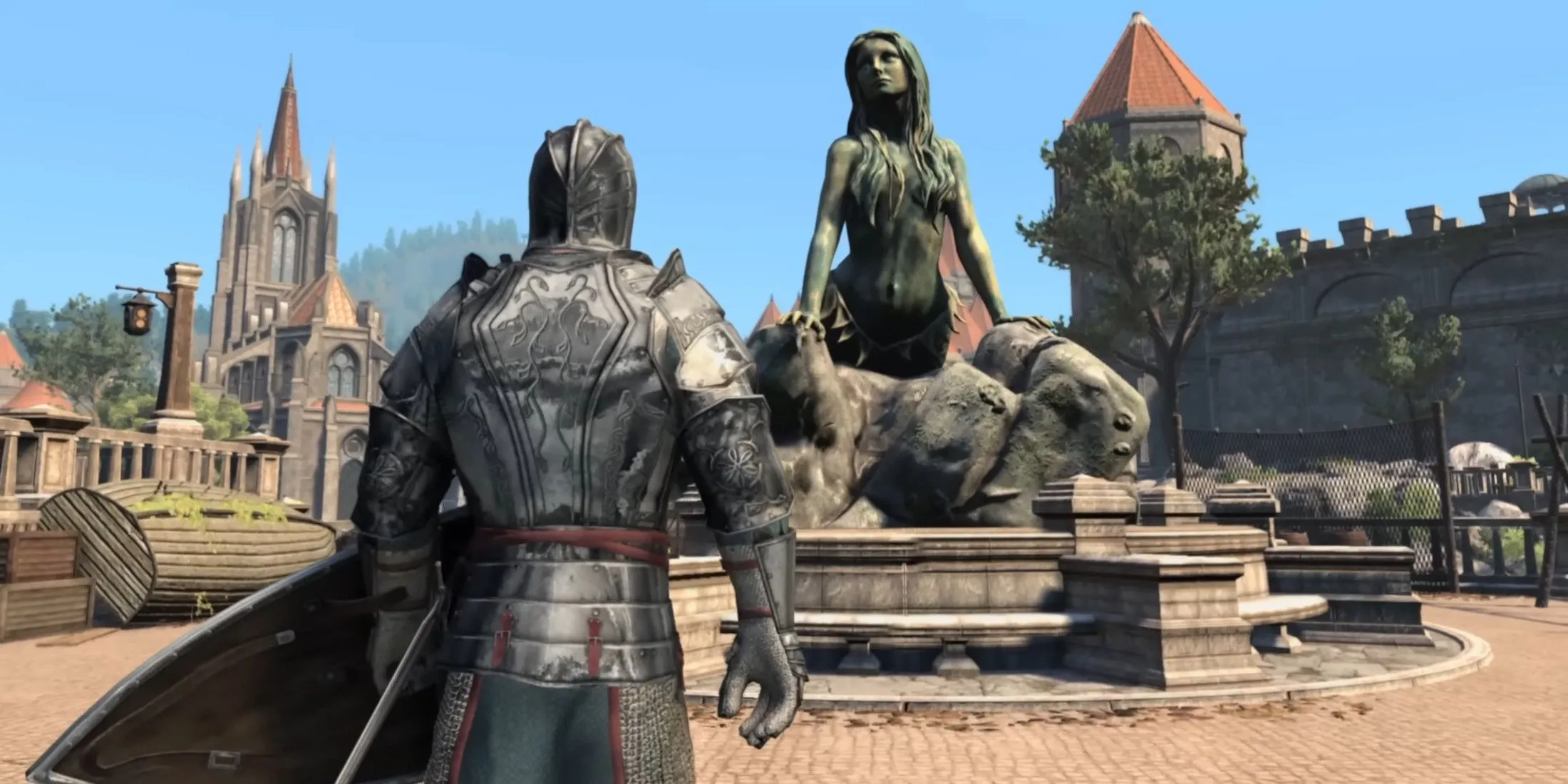 Tượng nàng tiên cá trong thế giới Skyblivion, cho thấy chi tiết đồ họa cải tiến của dự án fan-made