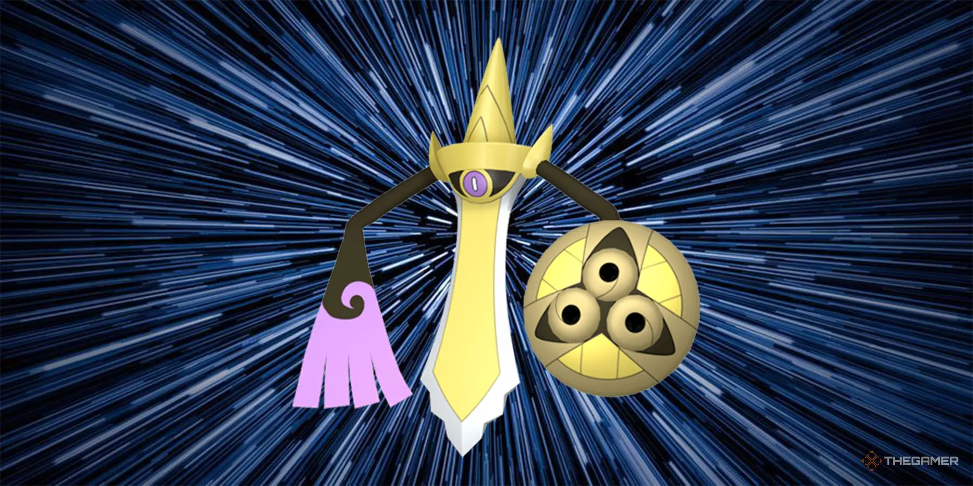Aegislash với hiệu ứng warp — ý tưởng Mega tiến hóa tôn lên thư pháp kiếm-khiên