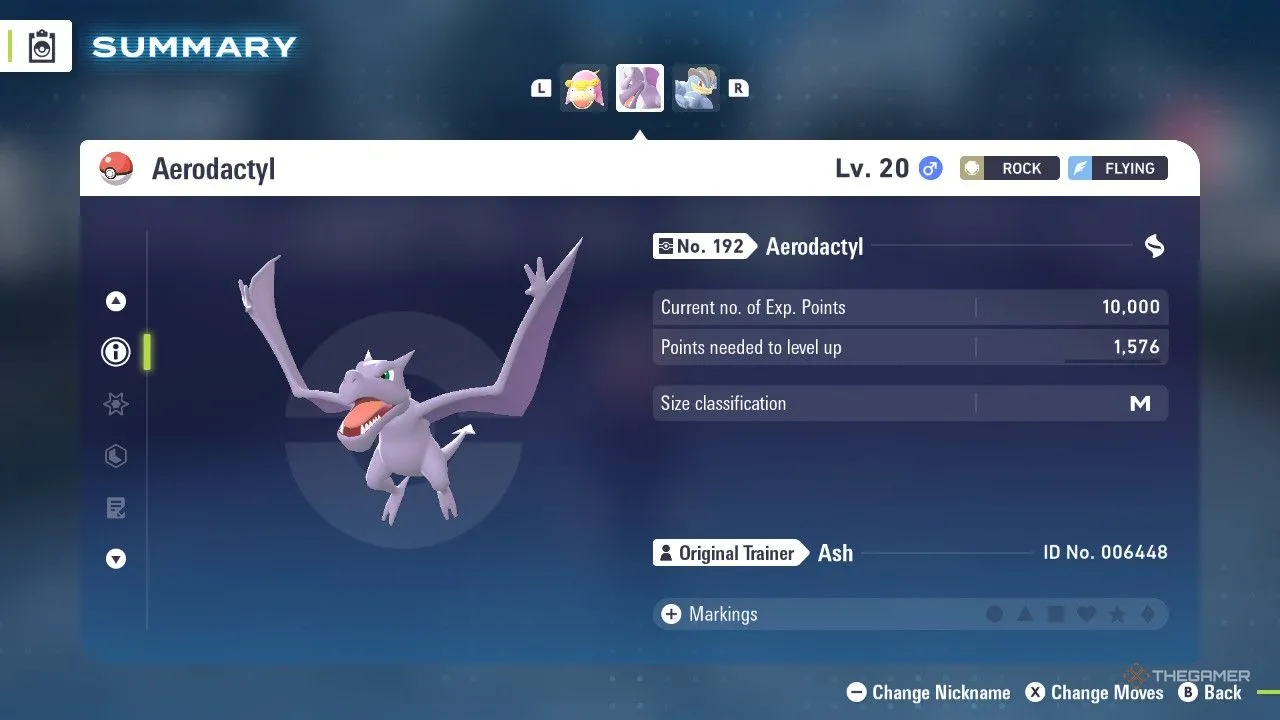 Aerodactyl phô diễn trong menu của Pokémon Legends: Z-A, cảnh nhắc tới Wing Attack và Hurricane.