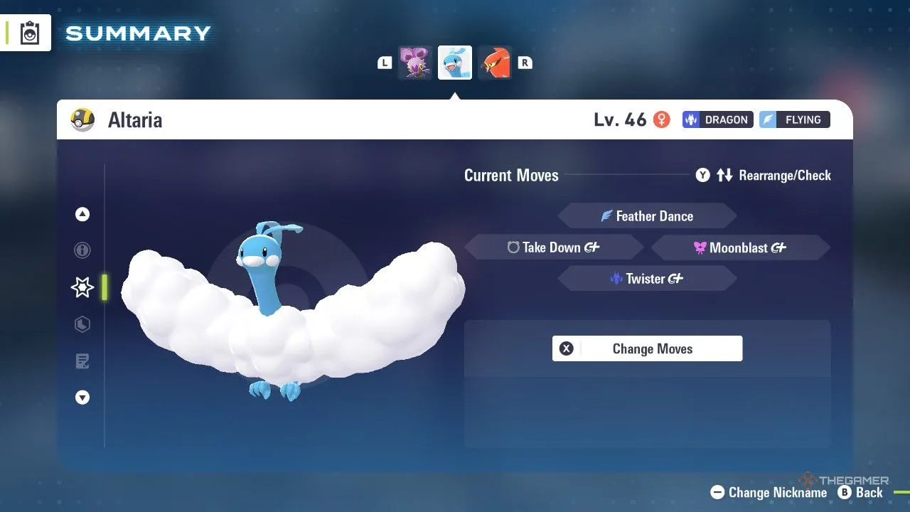 Altaria menu trong Pokémon Legends: Z-A, minh họa khả năng phòng thủ của hệ Bay-Dragon.