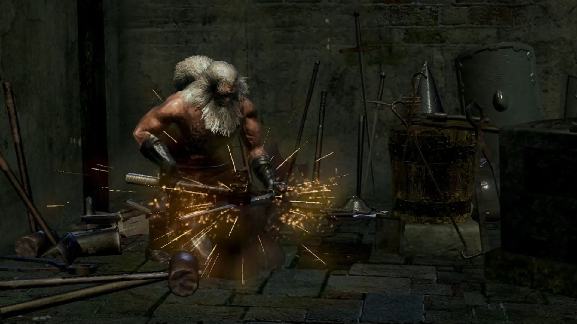 Andre of Astora gõ búa rèn trên lưỡi kiếm, dễ trở thành target khi test weapon