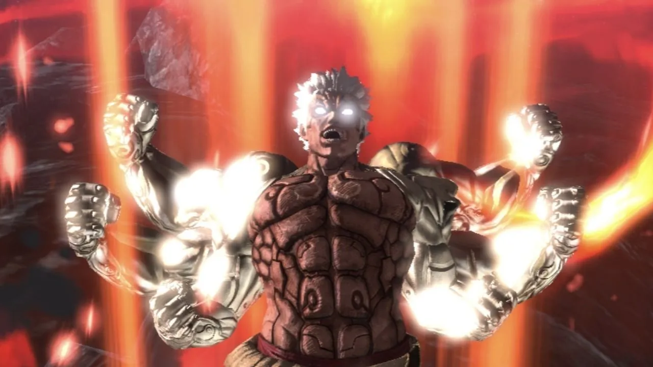 Asura rực sáng với nhiều cánh tay trong Asura's Wrath — QTE và nhịp độ kịch tính.