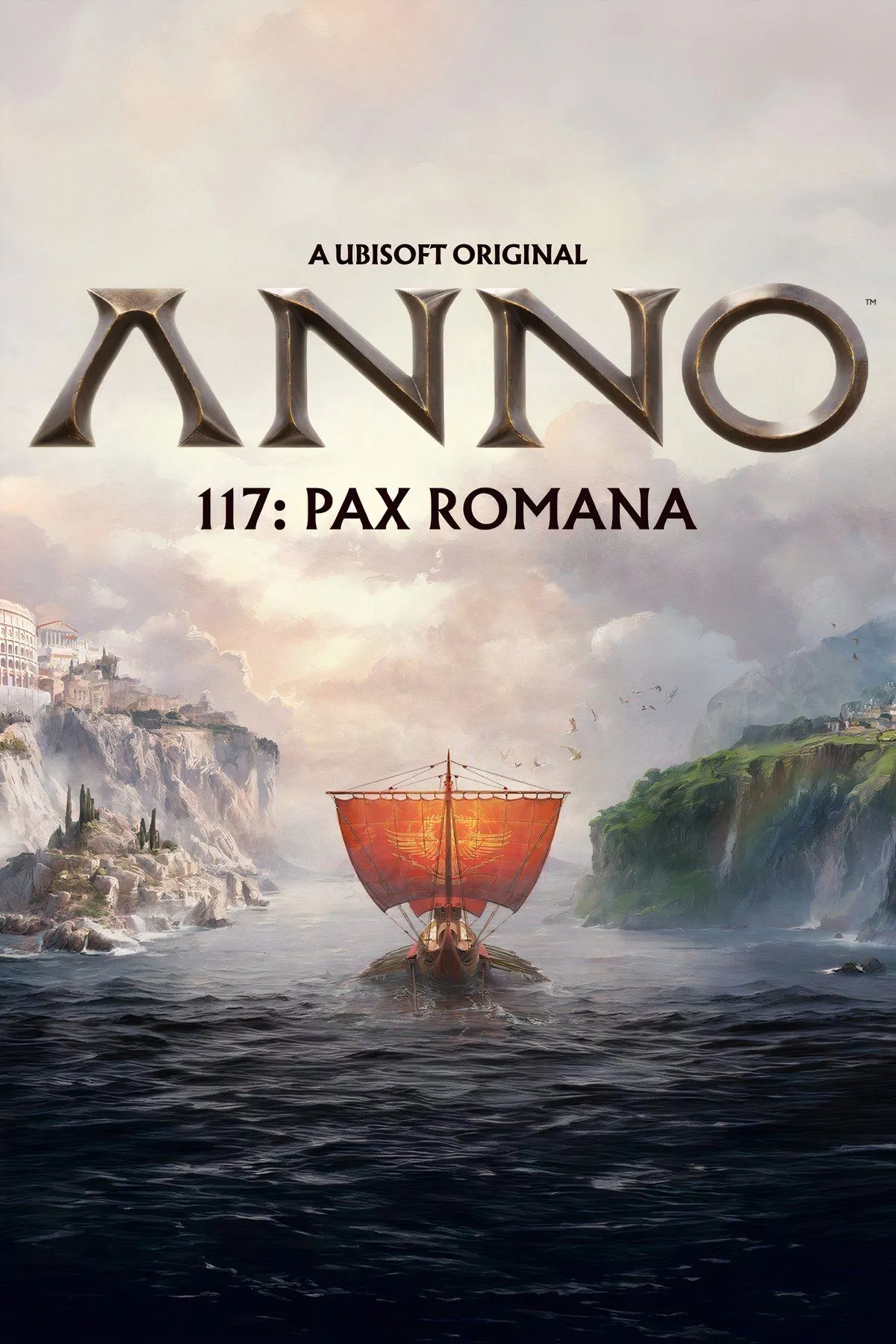 Bìa Anno 117: Pax Romana — city builder La Mã, cảnh thành phố và hải cảng