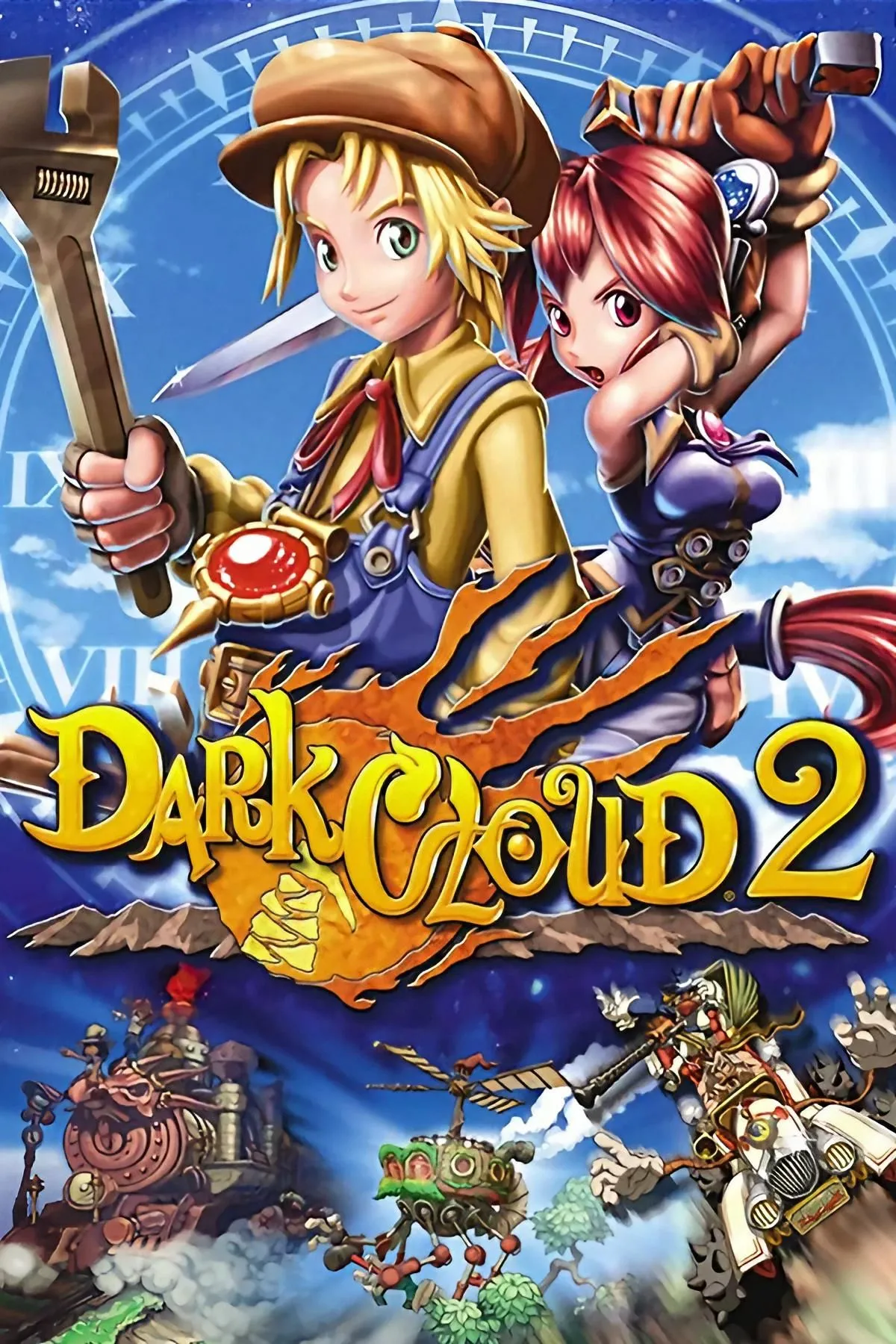 Bìa Dark Cloud 2 với phong cách màu sắc rực rỡ và nhân vật chính