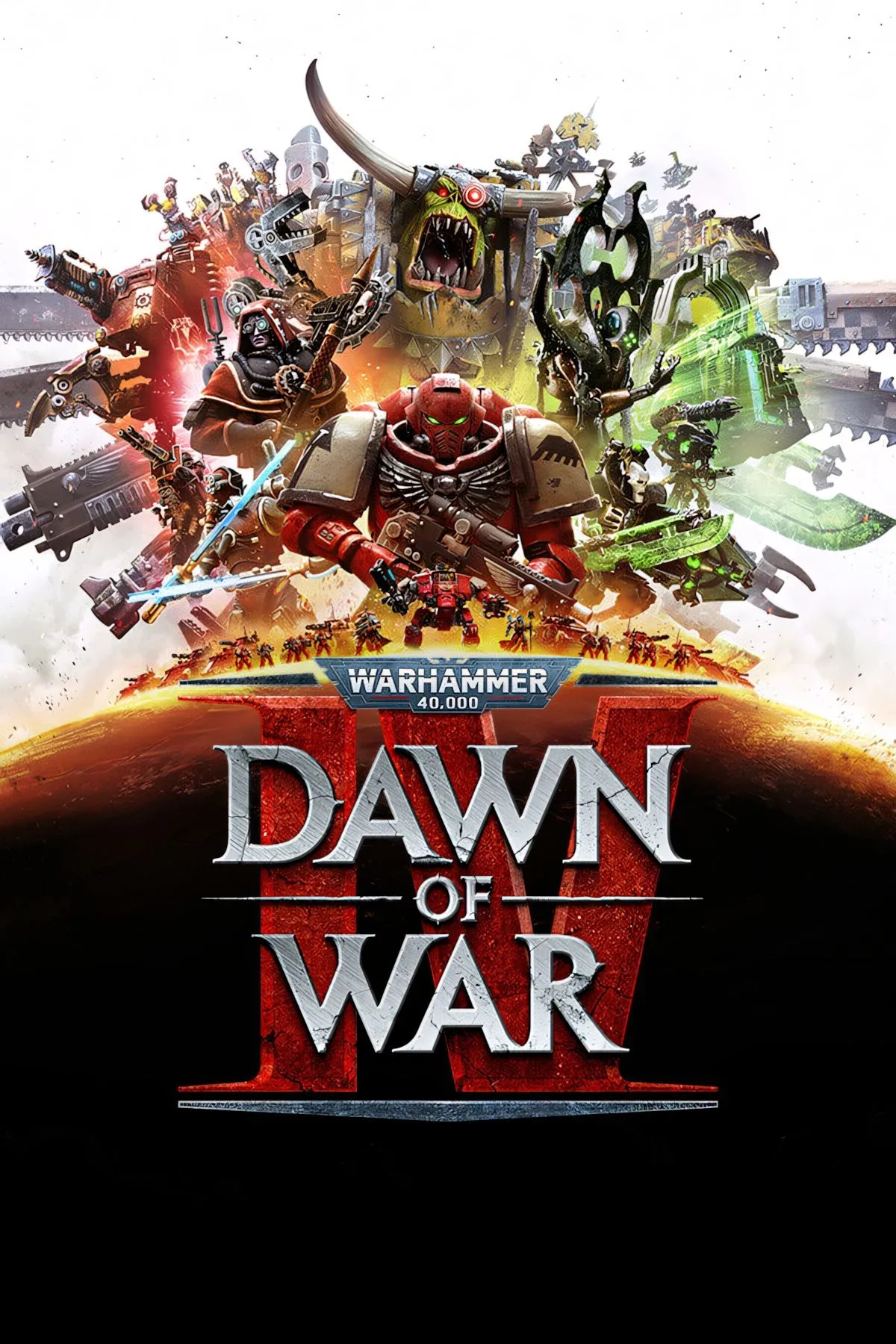 Bìa Dawn of War IV — chiến thuật RTS vũ trụ Warhammer, quân đội giao chiến dữ dội
