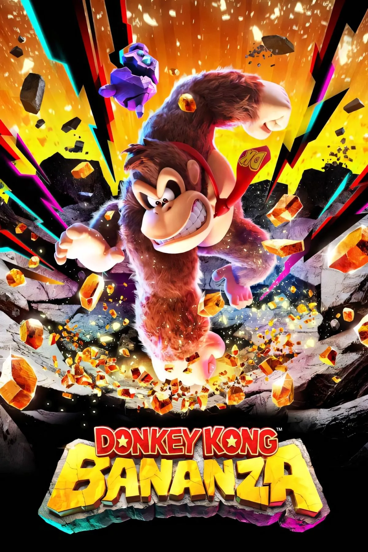 Bìa Donkey Kong Bananza trên Switch 2, DK phá hủy môi trường và khám phá nhiều biome