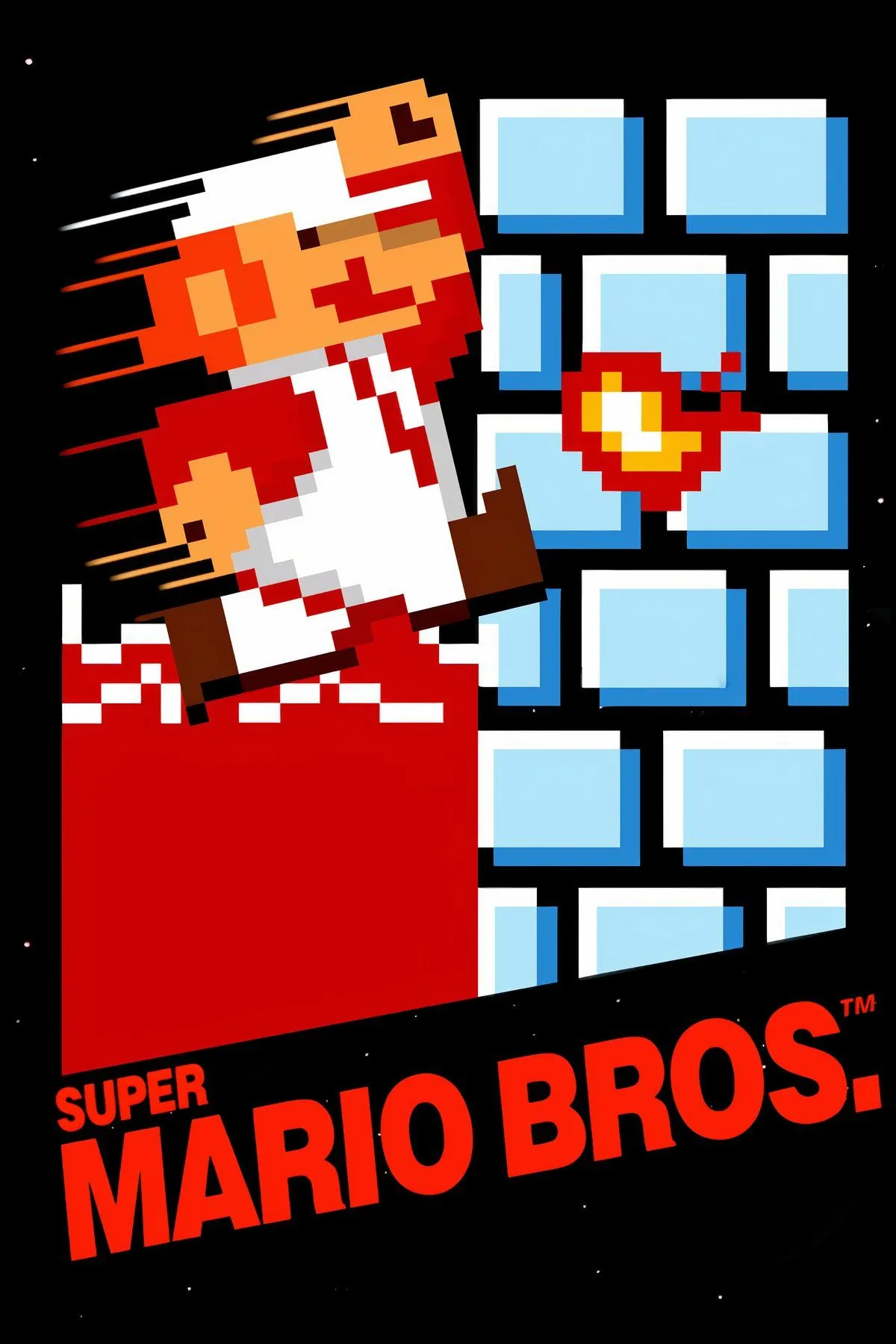 Bìa Super Mario Bros với hình Mario nhảy qua cờ đích, biểu tượng nền tảng platformer