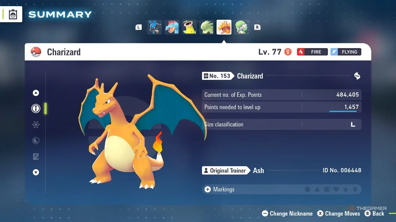 Charizard trong menu Pokémon Legends: Z-A, minh họa sức mạnh sau khi evolve và Mega.