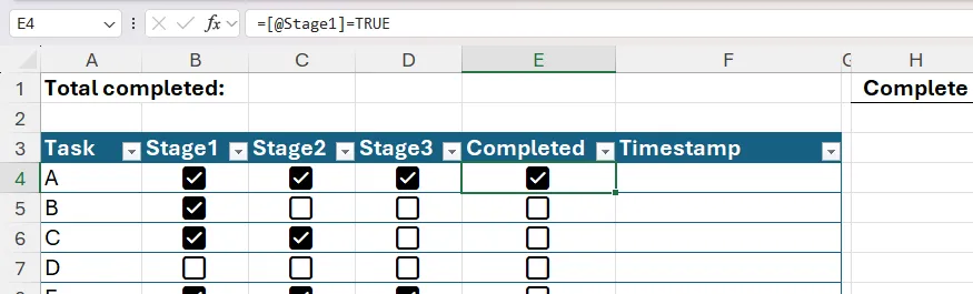 Checkbox trong ô E4 được check vì công thức trả về TRUE