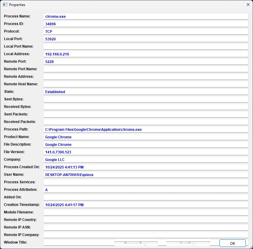 Chi tiết tiến trình (ví dụ Chrome) trong CurrPorts, hiển thị PID, port, đường dẫn file để xác định ứng dụng chiếm cổng.