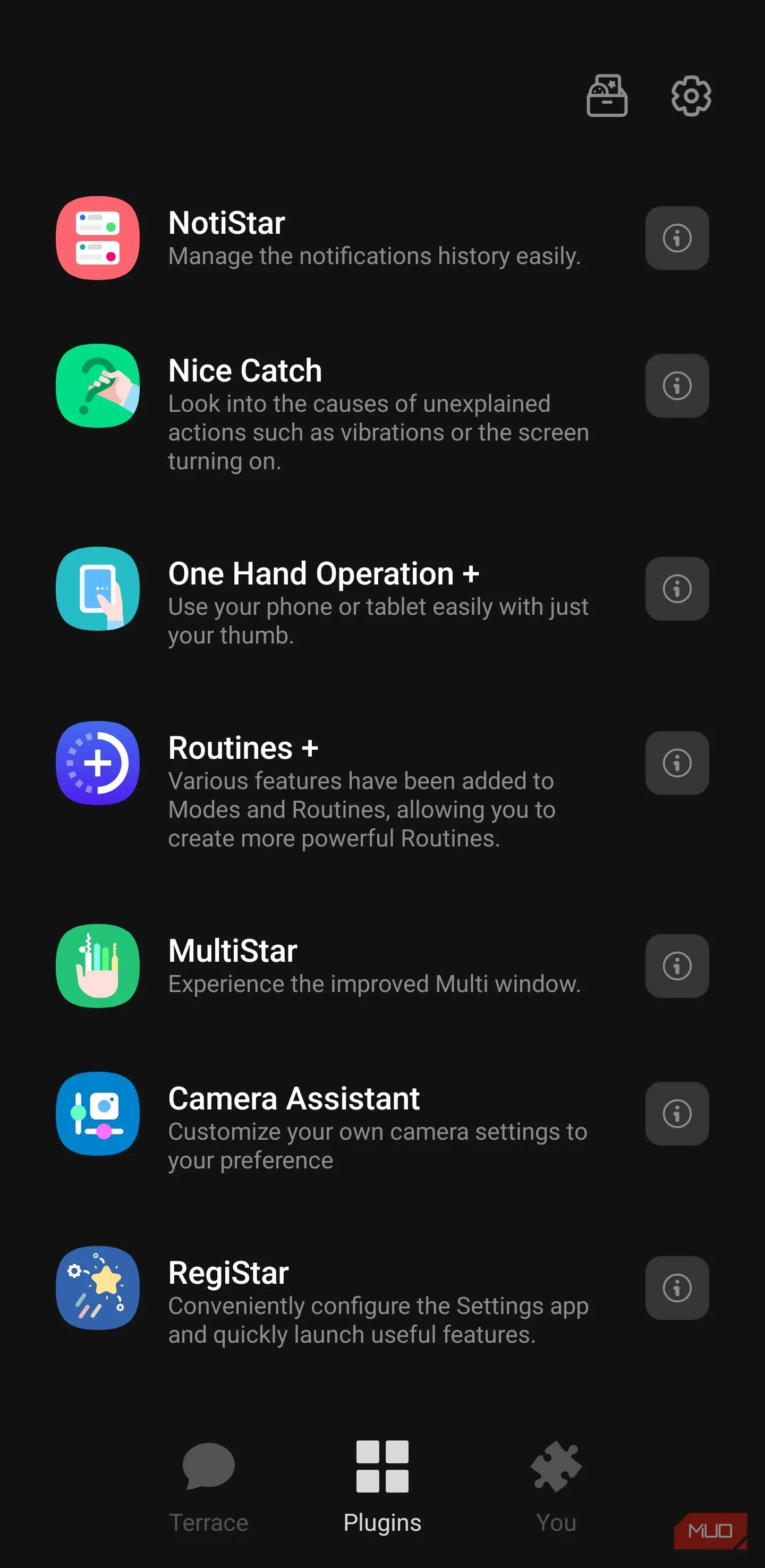 Danh sách plugin Good Lock, hiển thị One Hand Operation+ và RegiStar