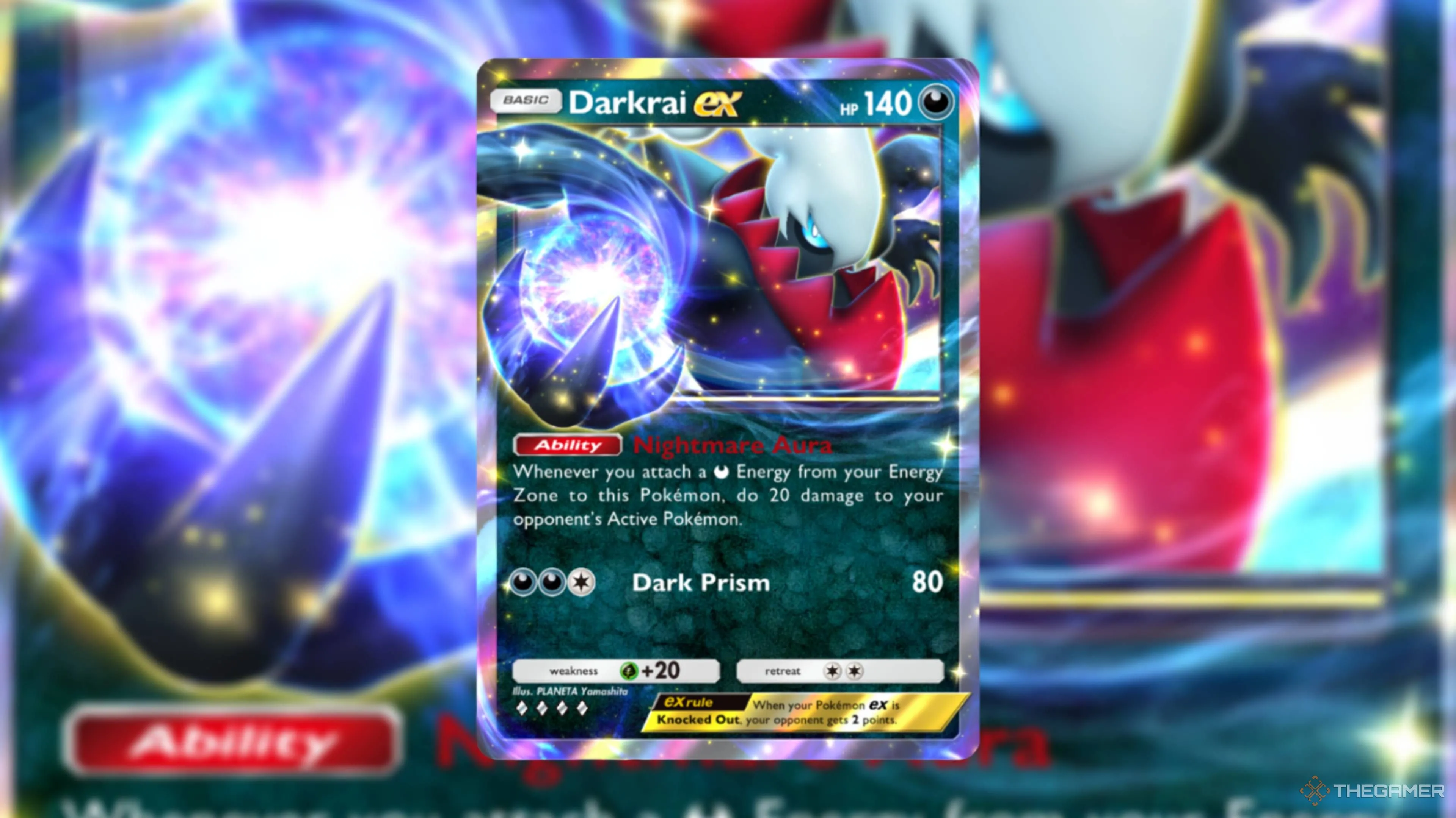Darkrai ex từ Pokemon TCG Pocket, ví dụ thẻ rút từ Deluxe: ex nhưng không cập nhật vào set gốc ban đầu