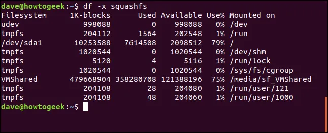 Dùng df với -x để loại trừ filesystem, hiển thị dung lượng ổ đĩa