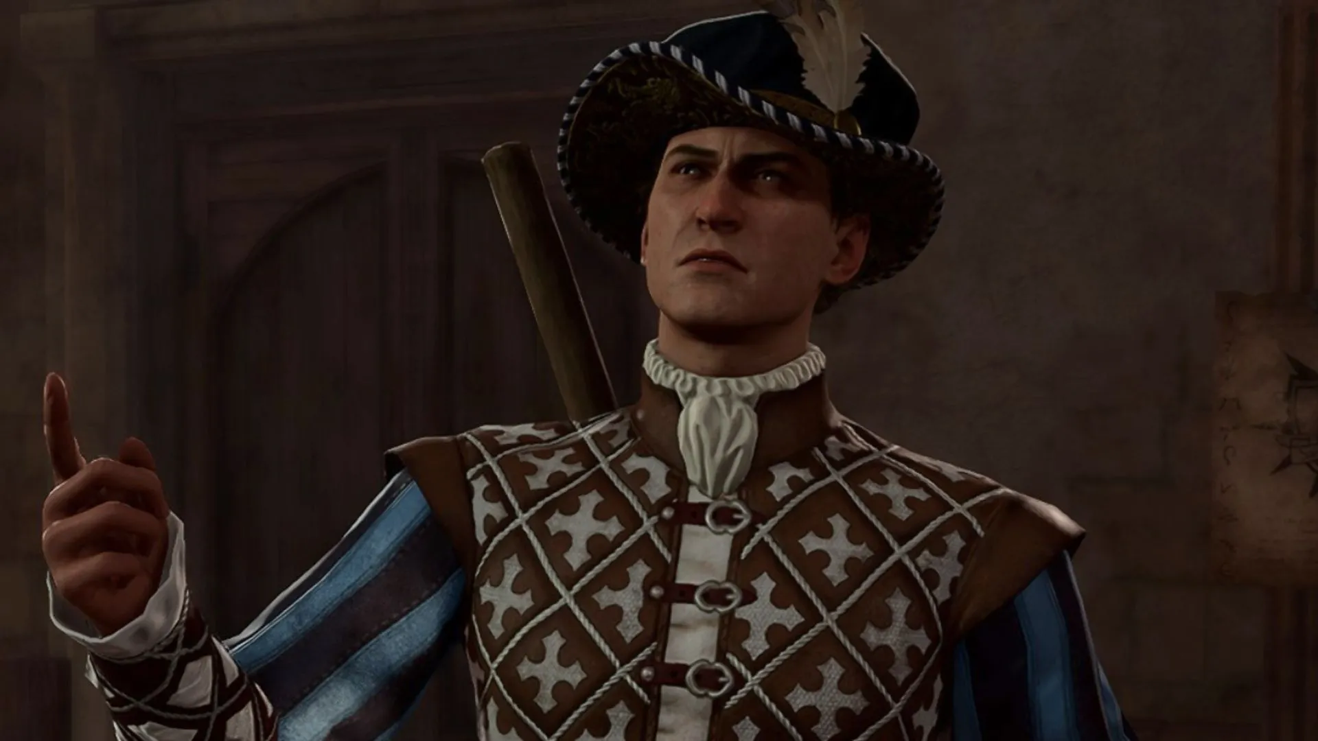 Ettvard Needle giơ tay trong Baldur's Gate 3, sân báo Baldur's Mouth Gazette