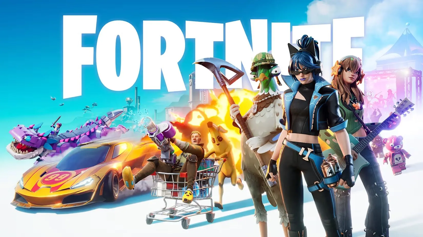 Fortnite press image with character poses including Wednesday Addams