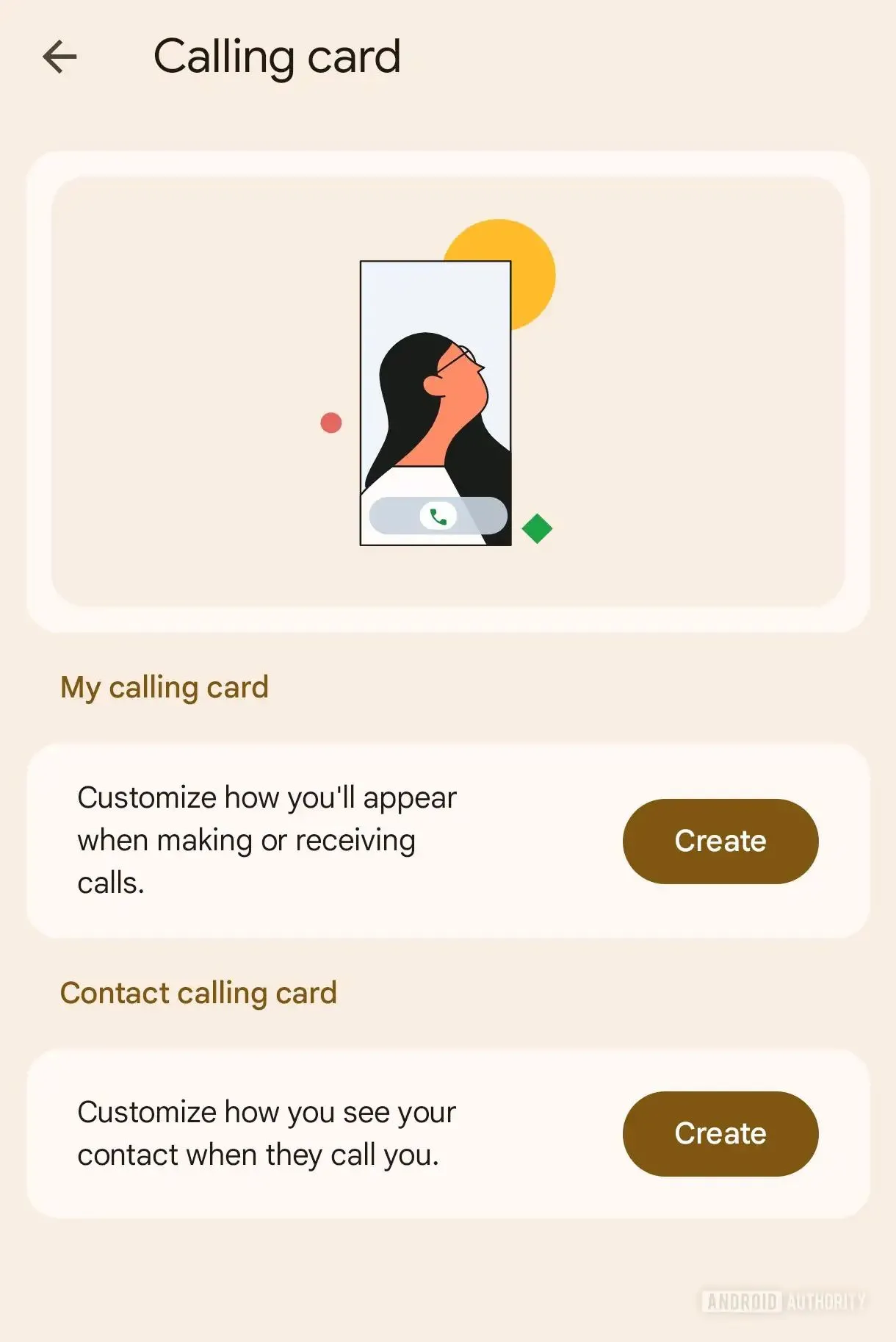 Giao diện cài đặt Calling Cards trên ứng dụng Phone by Google, minh họa tuỳ chọn tạo thẻ cuộc gọi cá nhân hóa trên Android 16