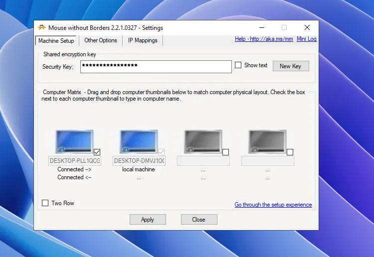 Giao diện cài đặt chính của Mouse Without Borders, nơi kéo thả layout màn hình