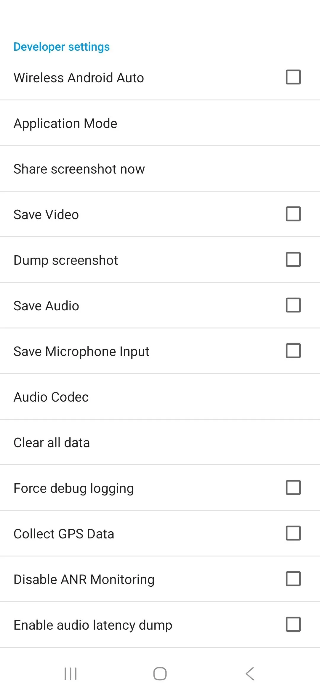 Giao diện Developer settings hiển thị tùy chọn Wireless Android Auto, chọn tắt để tiết kiệm pin