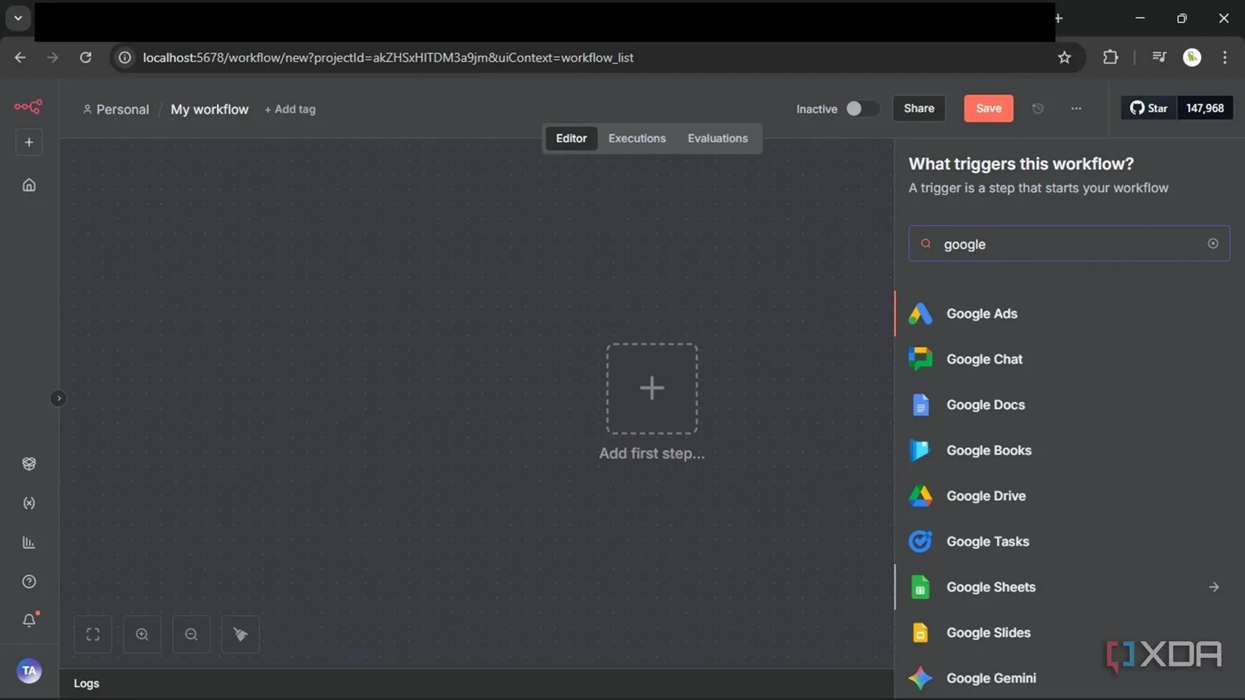 Giao diện n8n tự host trên PC, hiển thị flow và node kết nối Google Sheets và OpenAI