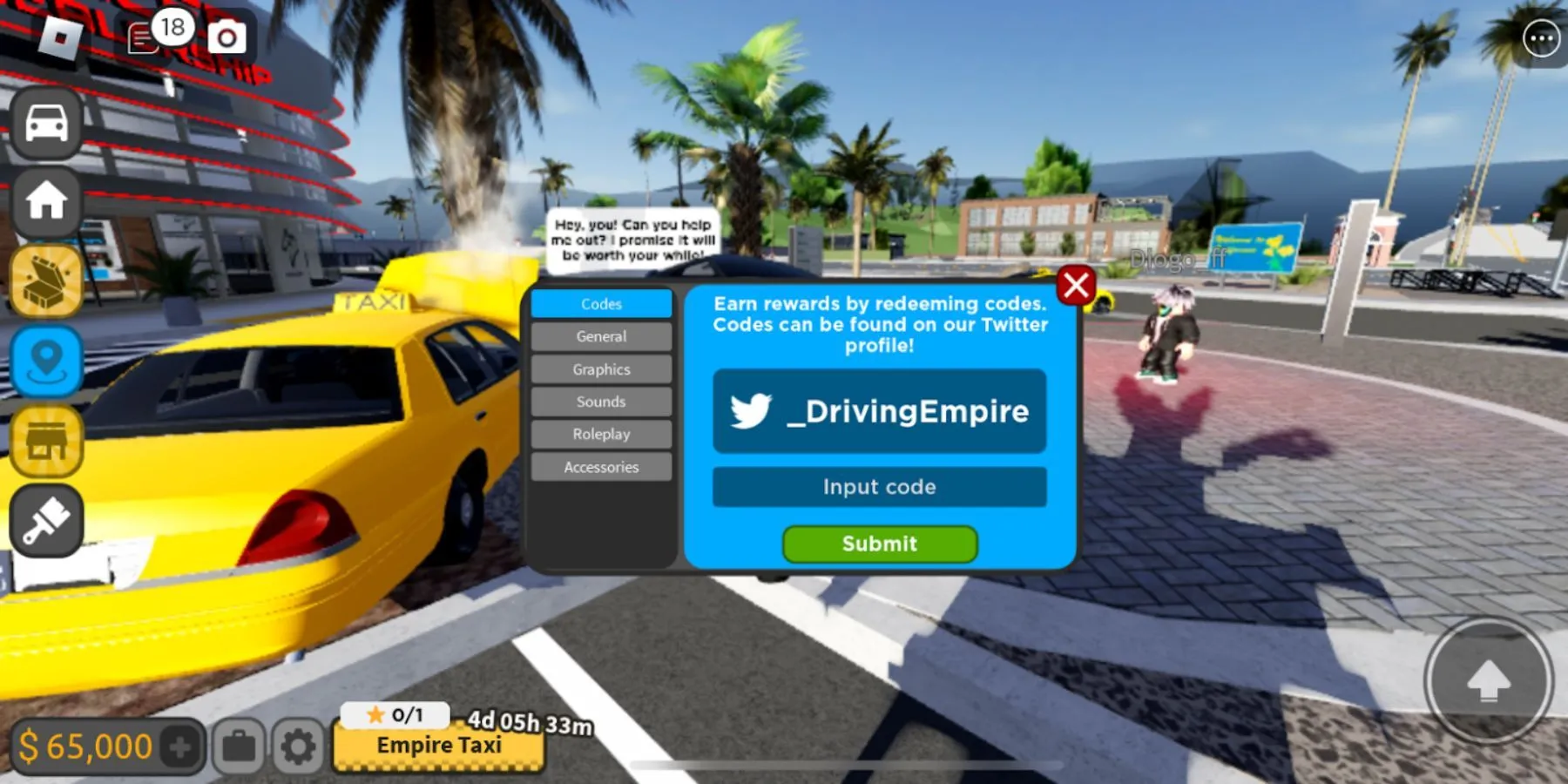Giao diện nhập mã trong Driving Empire — nơi bạn redeem code để nhận cash/xe