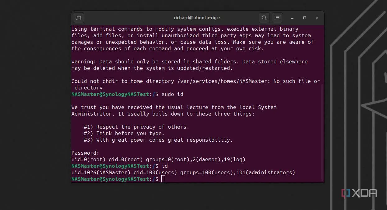 Giao diện SSH trên Synology NAS, minh họa kịch bản dùng Netmiko kết hợp NAS để lưu backup cấu hình