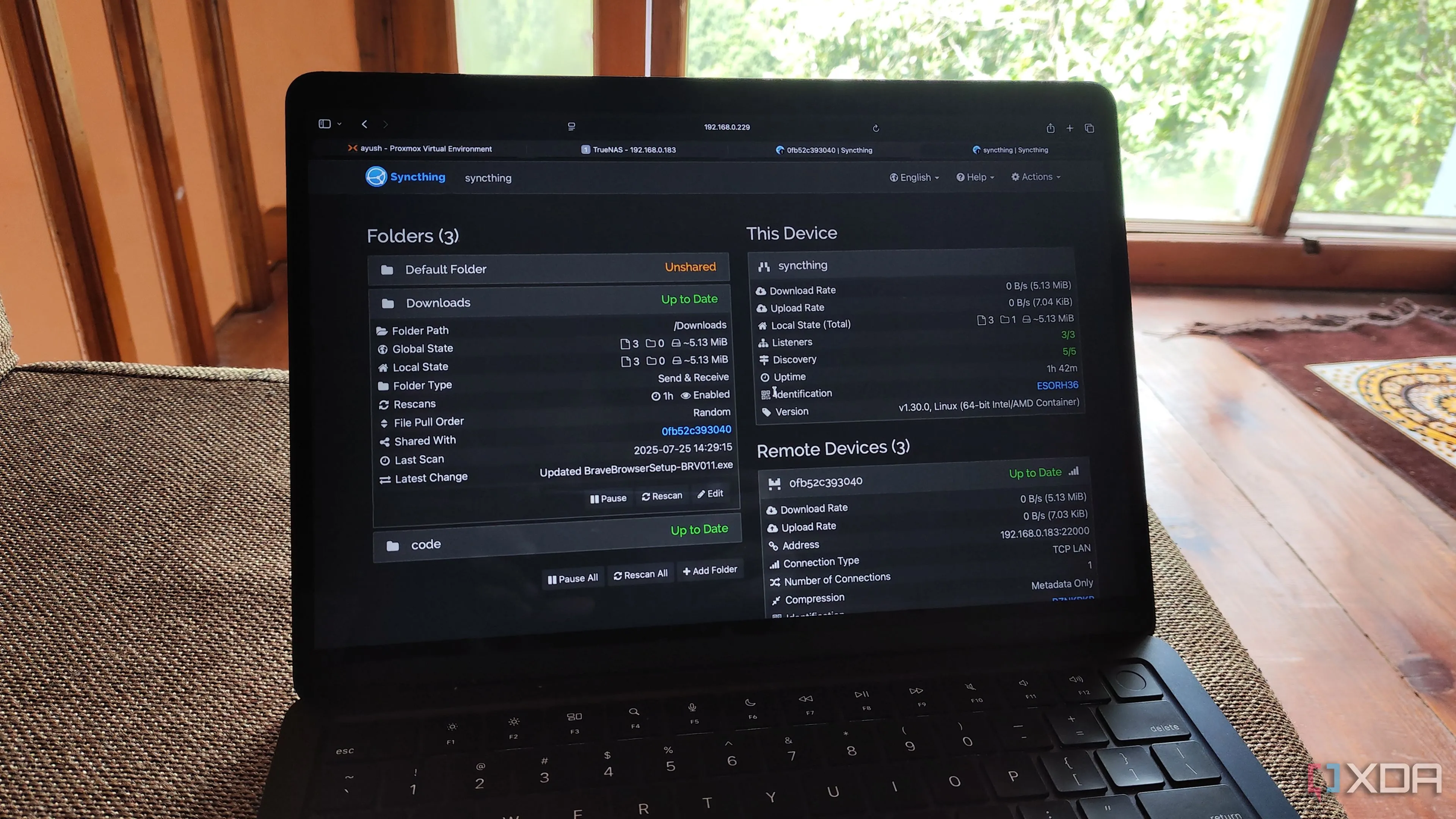 Giao diện Syncthing đang truy cập từ Mac, hiển thị trạng thái sync các thiết bị