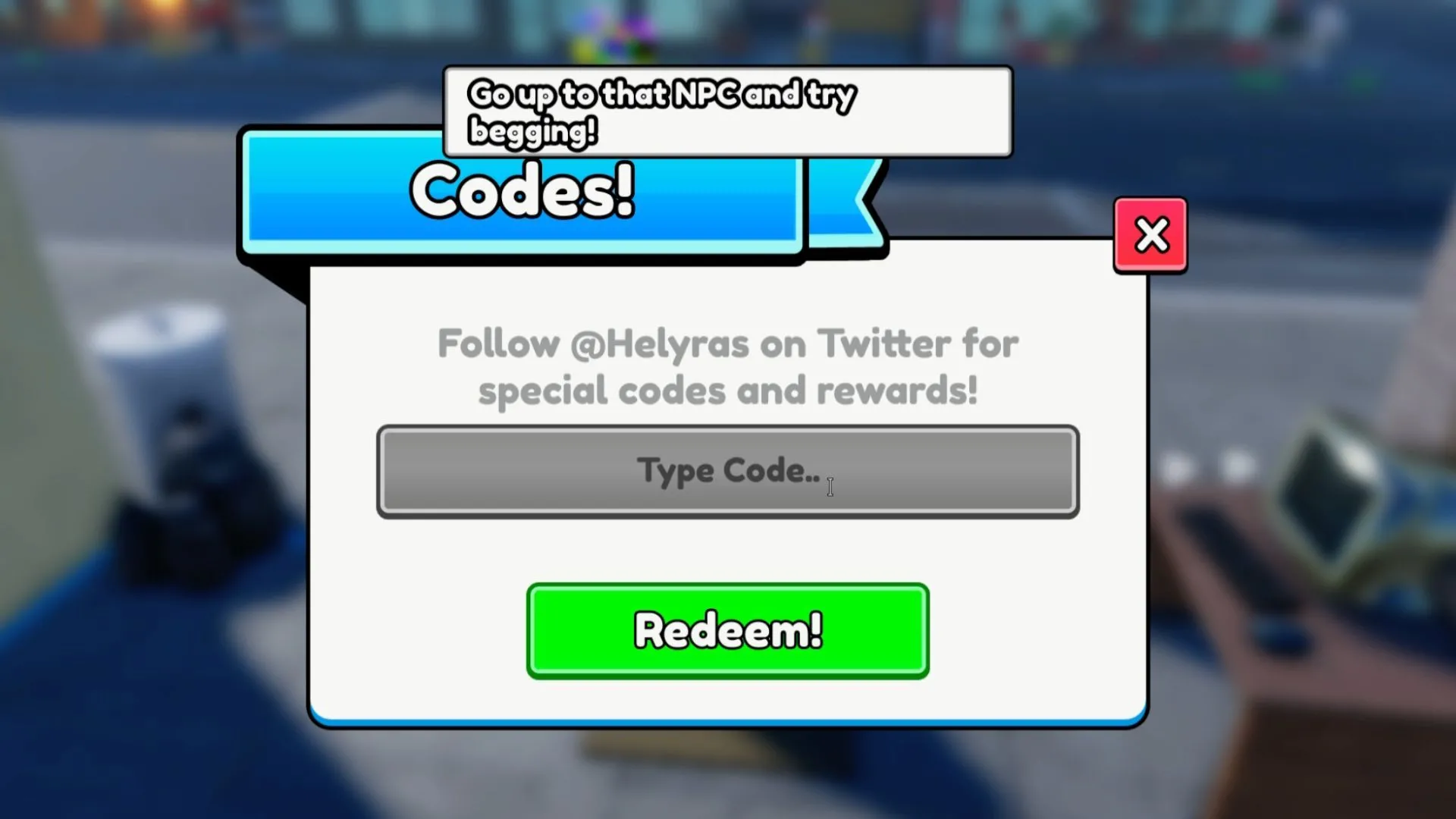Giao diện tab Codes trong Be a Beggar: nhập mã và bấm Redeem để nhận phần thưởng Cash