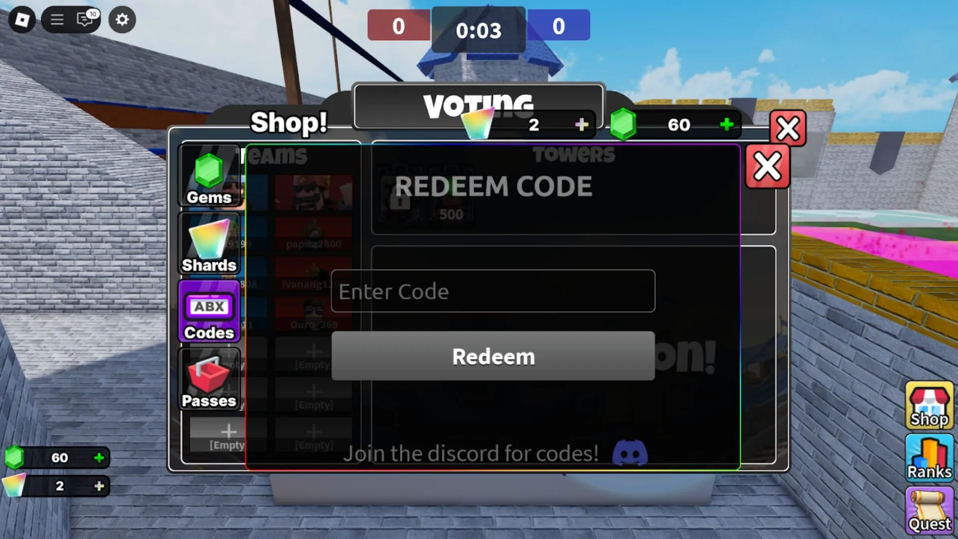 Giao diện tab Codes trong Clashers Royale hiển thị ô nhập mã và nút Redeem