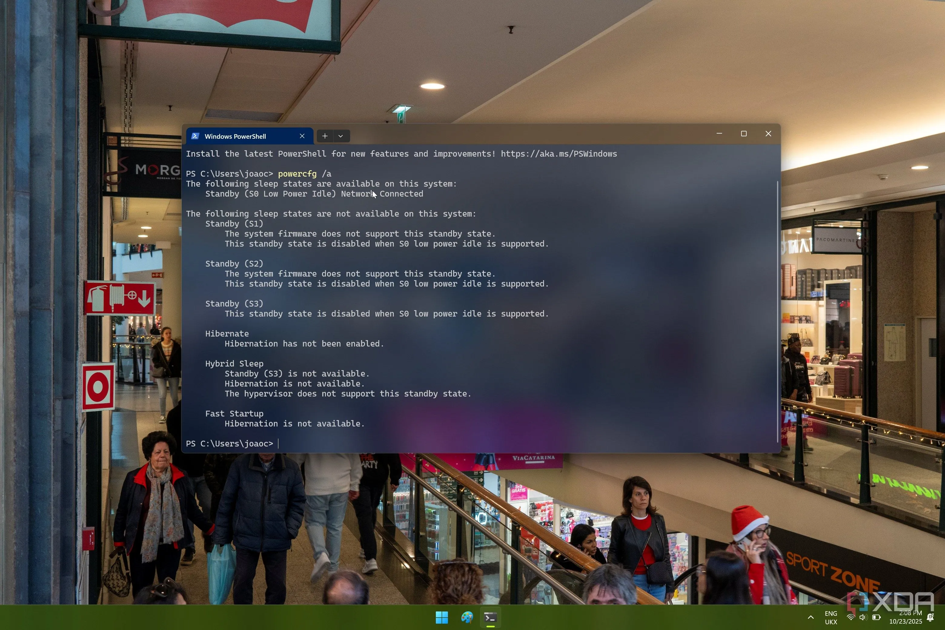 Giao diện Windows Terminal hiển thị các trạng thái sleep có sẵn